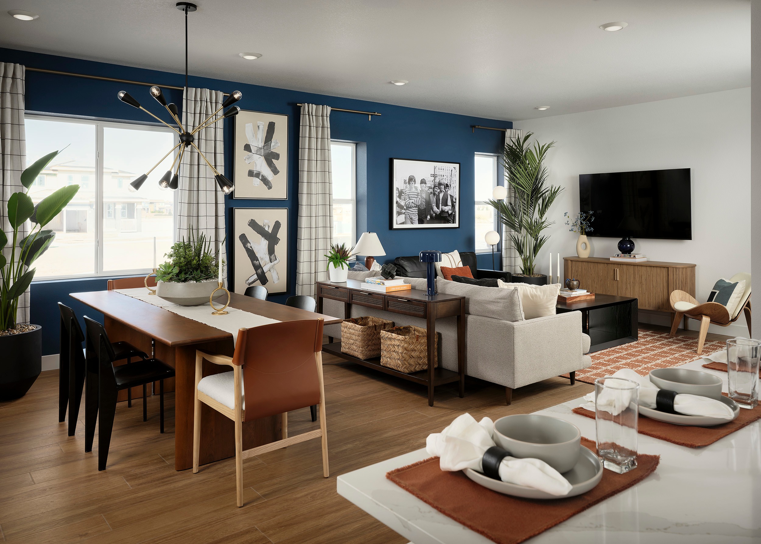 A cozy and stylish living room with a dining area, featuring a mix of modern and rustic elements, including a wooden dining table, comfortable sofas, and decorative accents like plants and artwork on the walls.