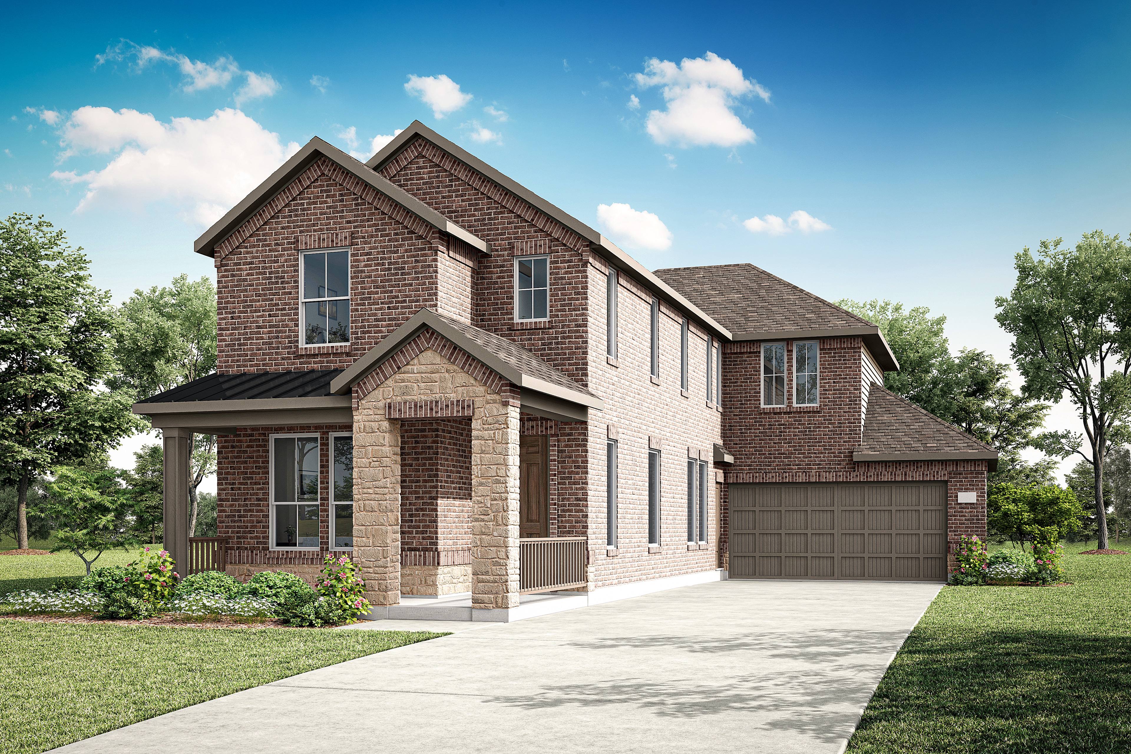 A two-story brick house with a garage, surrounded by lush greenery and a clear blue sky with fluffy white clouds.