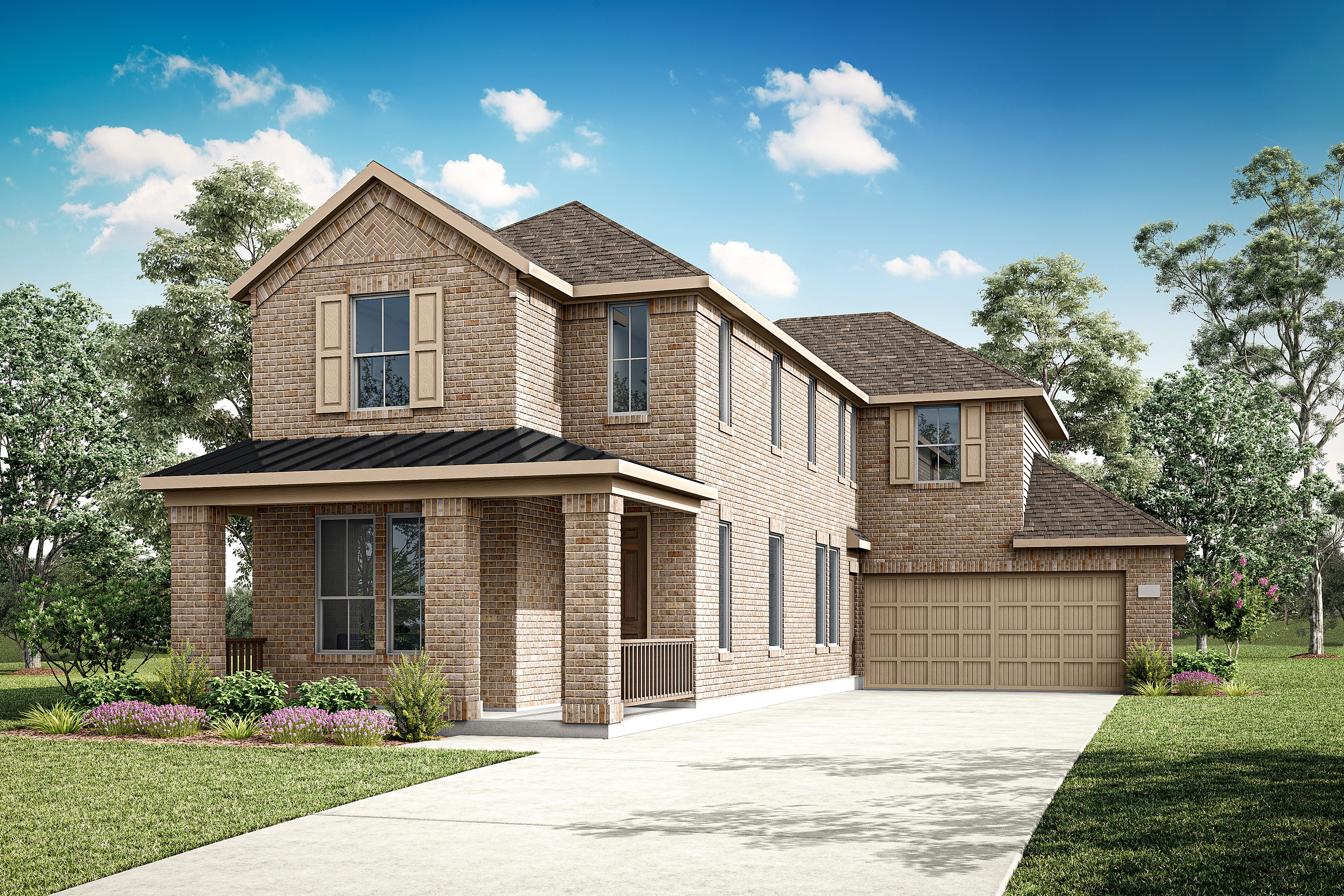 A two-story brick house with a garage, surrounded by lush greenery and a clear blue sky with fluffy white clouds.