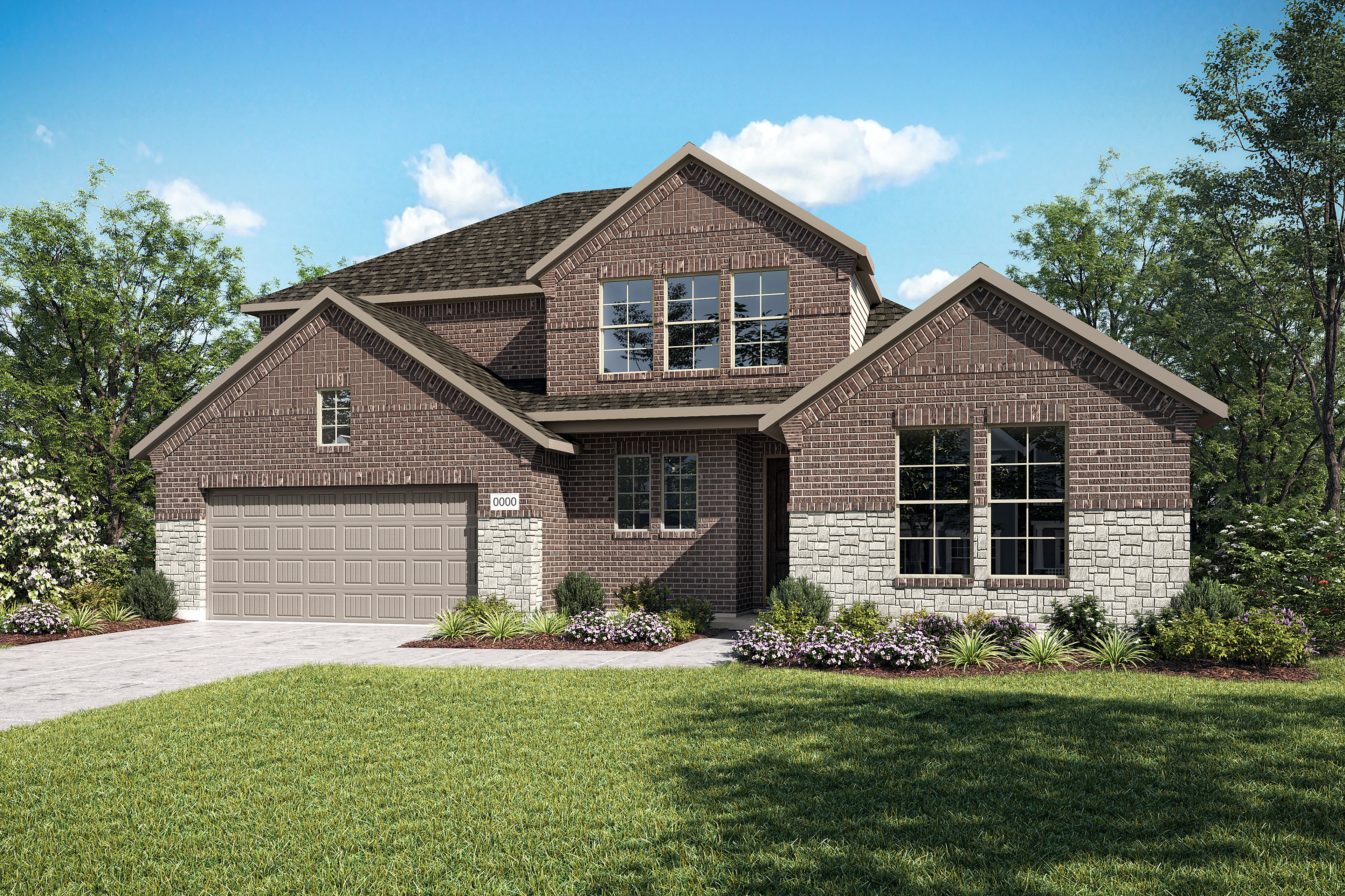 A two-story brick house with a garage, surrounded by a well-manicured lawn and lush greenery, stands against a clear blue sky with fluffy white clouds.