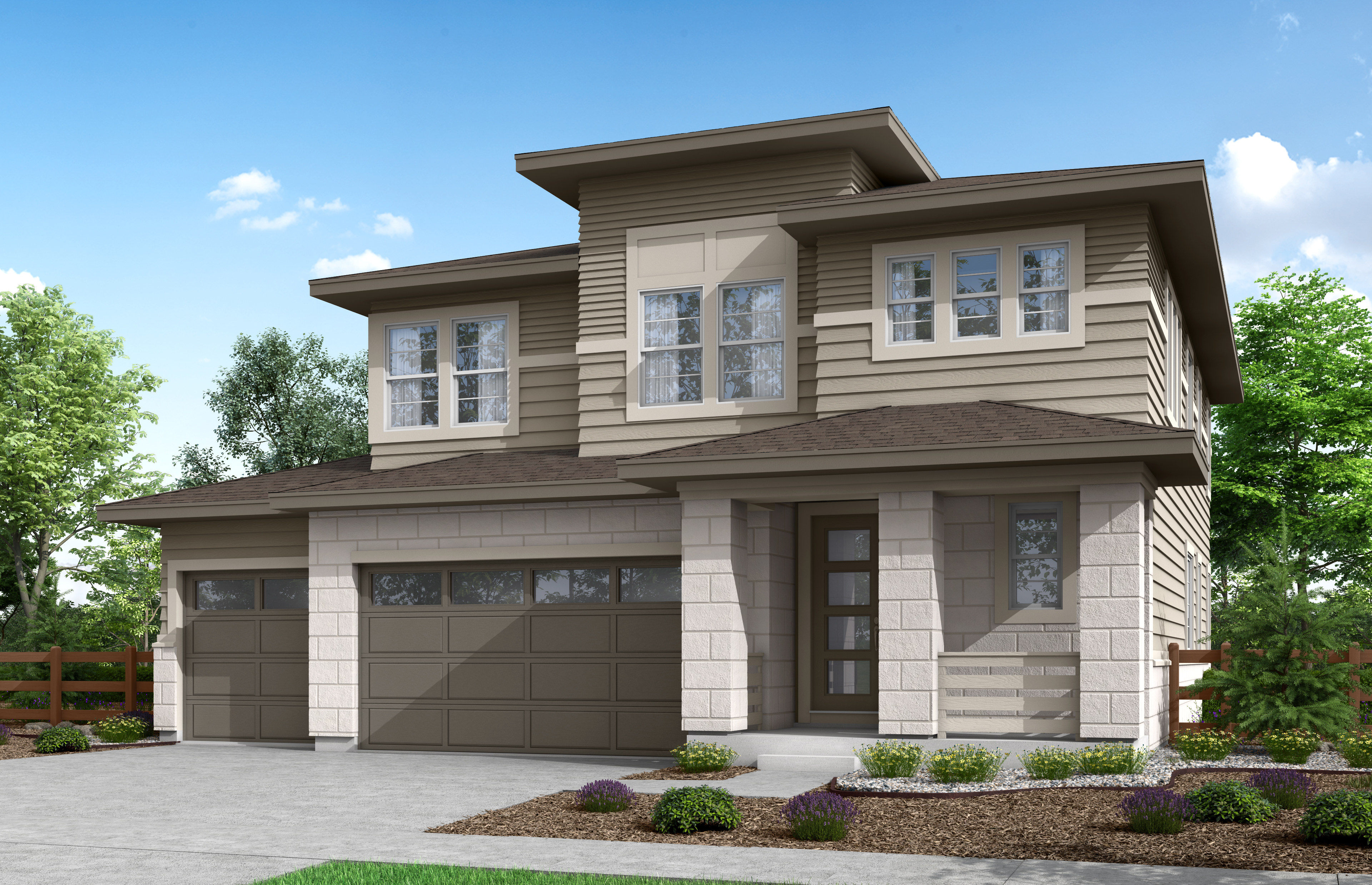 A modern two-story house with a garage, surrounded by lush greenery and a paved driveway in the foreground.