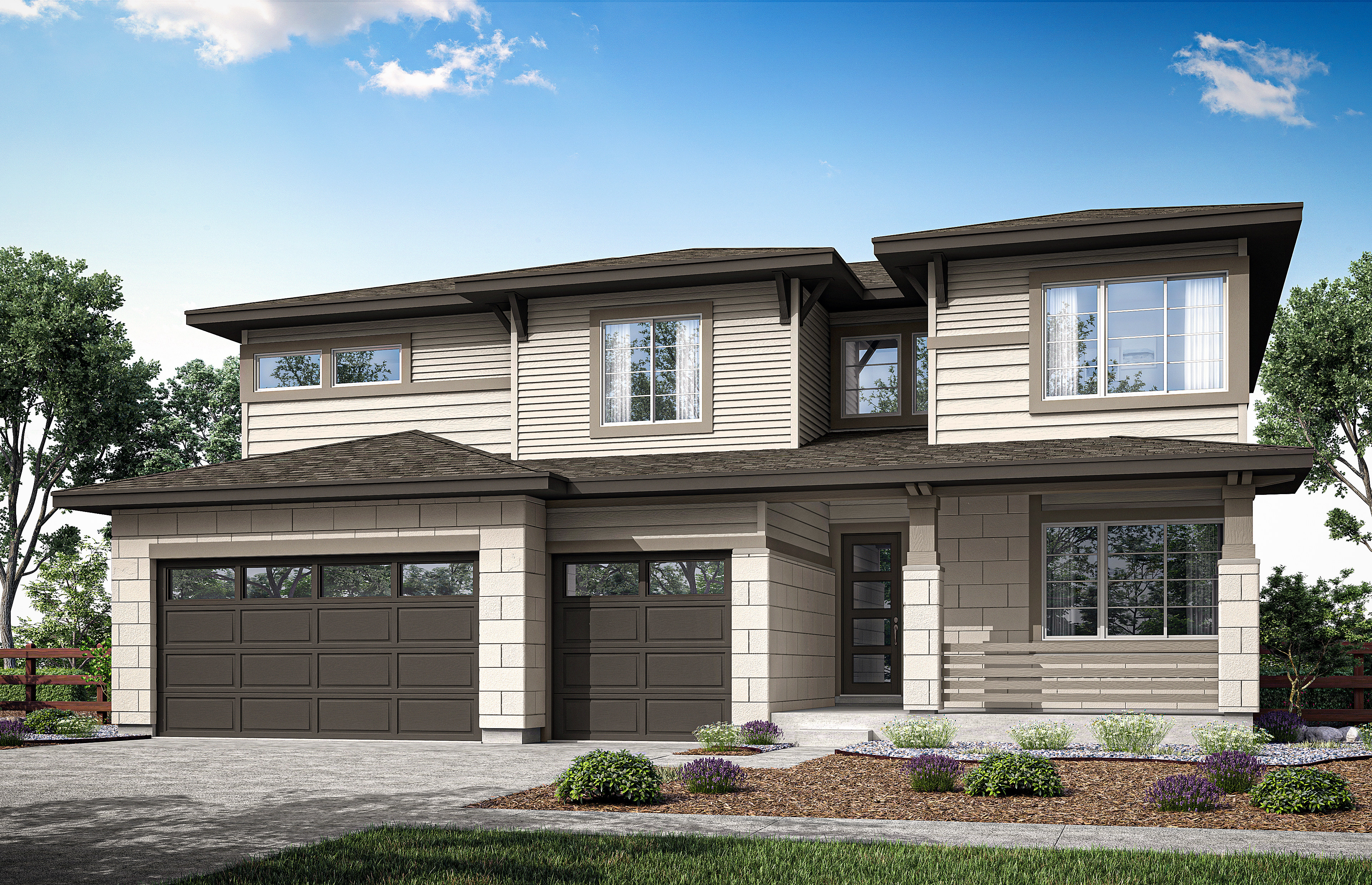 A two-story residential house with a garage, surrounded by trees and landscaping, set against a blue sky with scattered clouds.