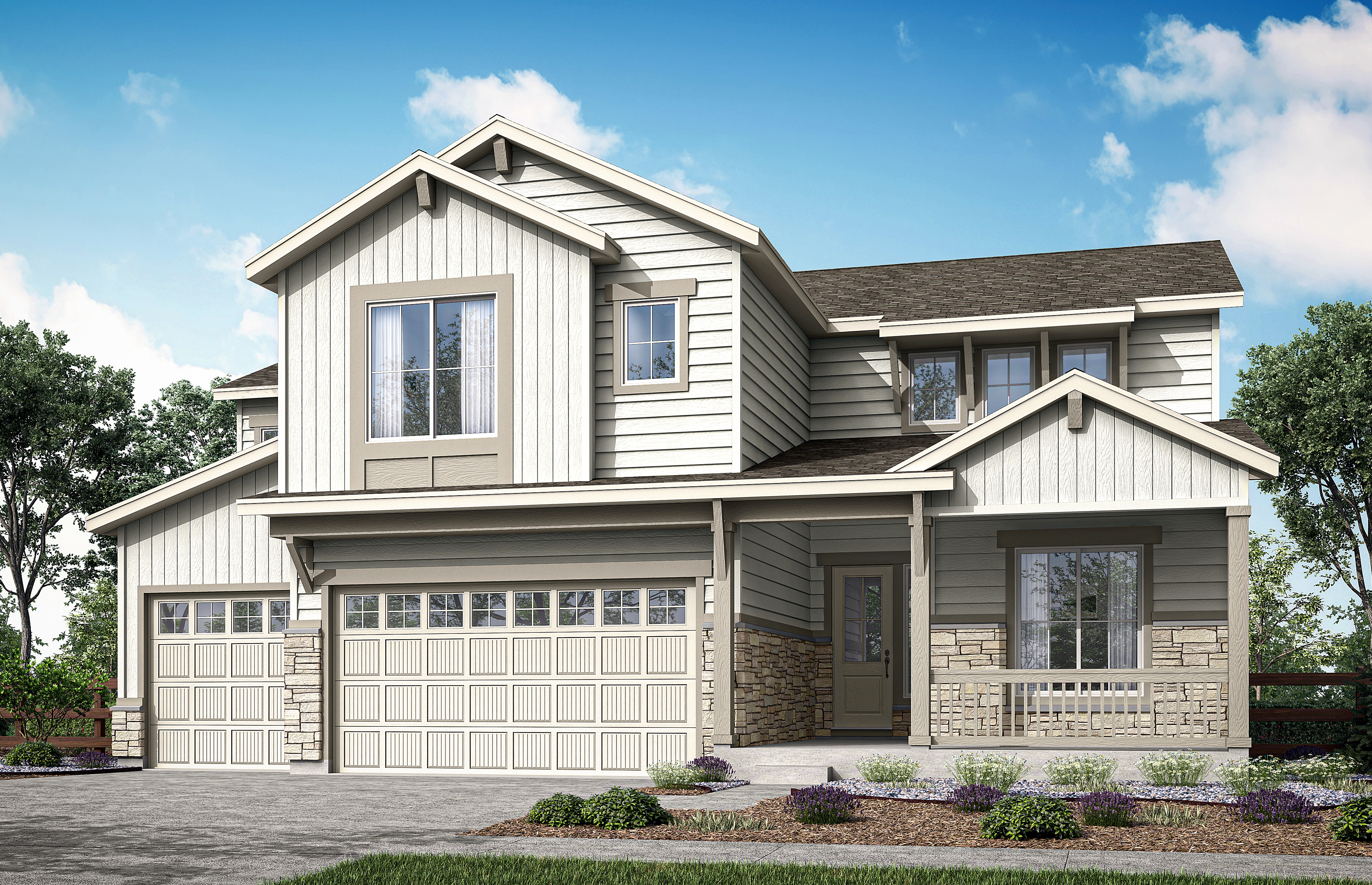 A two-story residential house with a garage, surrounded by landscaped gardens and a clear blue sky with fluffy white clouds.