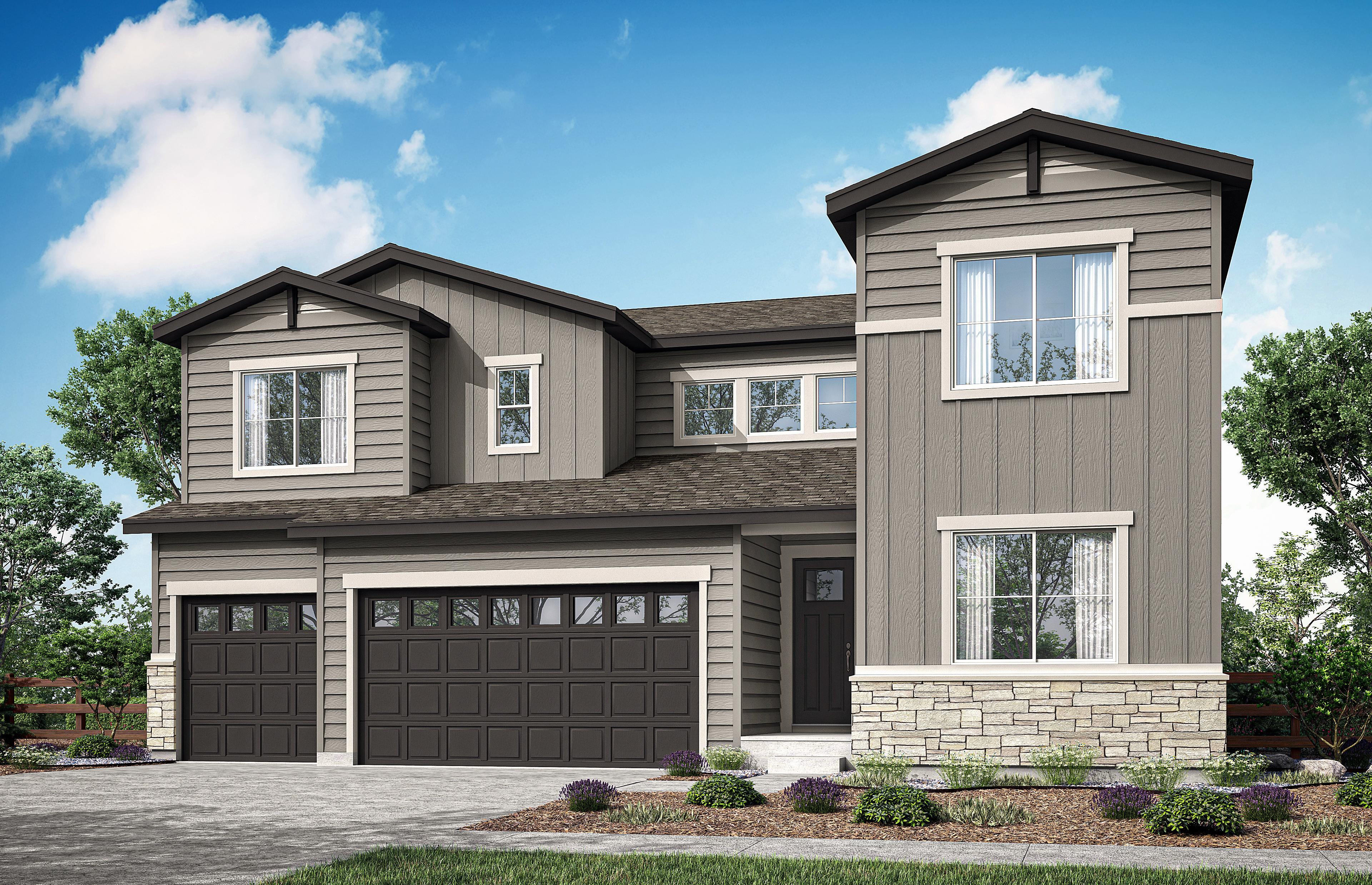 A two-story residential house with a garage, surrounded by landscaped greenery and a clear blue sky with fluffy white clouds.