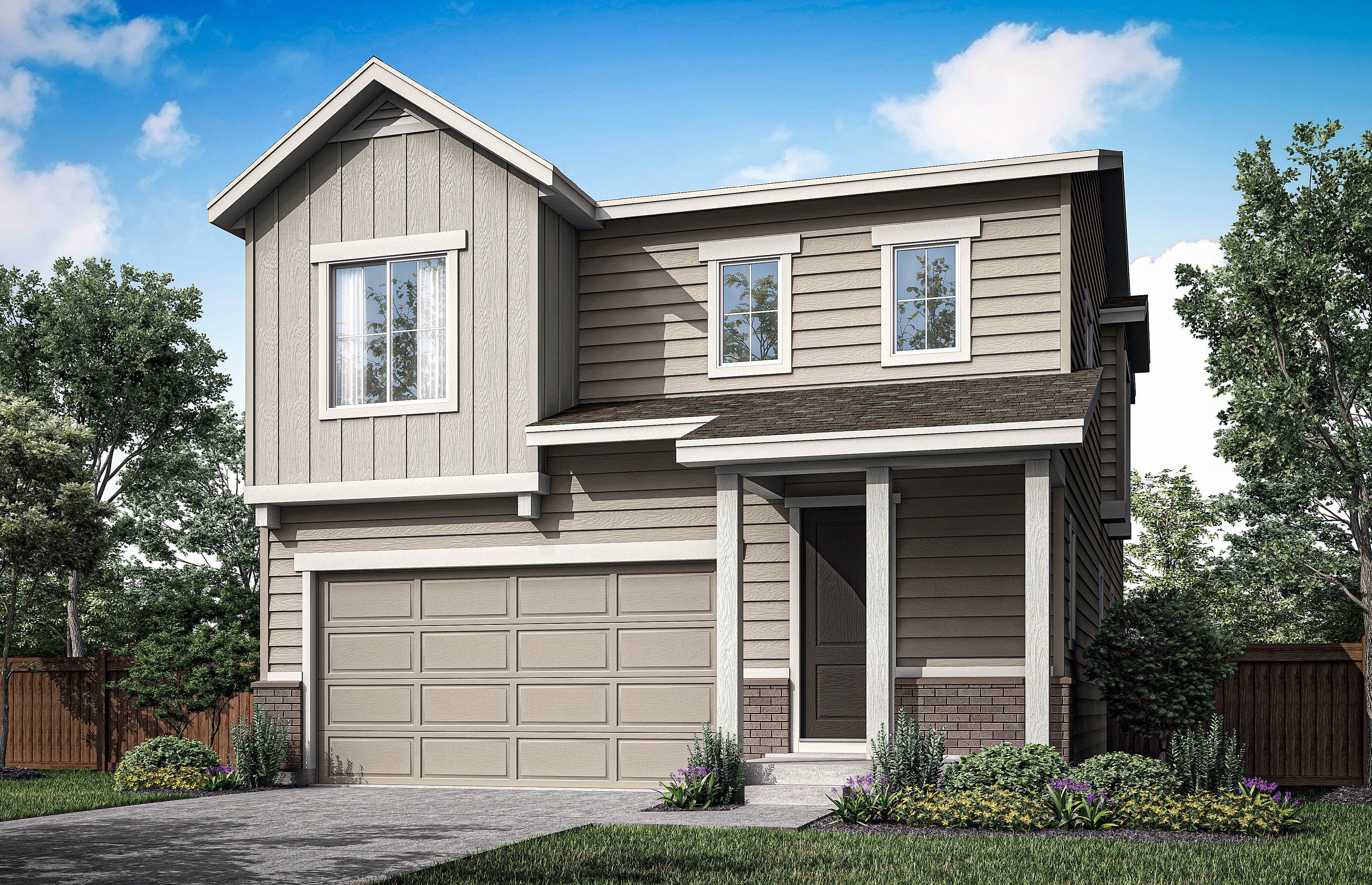 A two-story residential house with a garage, surrounded by lush greenery and a clear blue sky with fluffy white clouds.