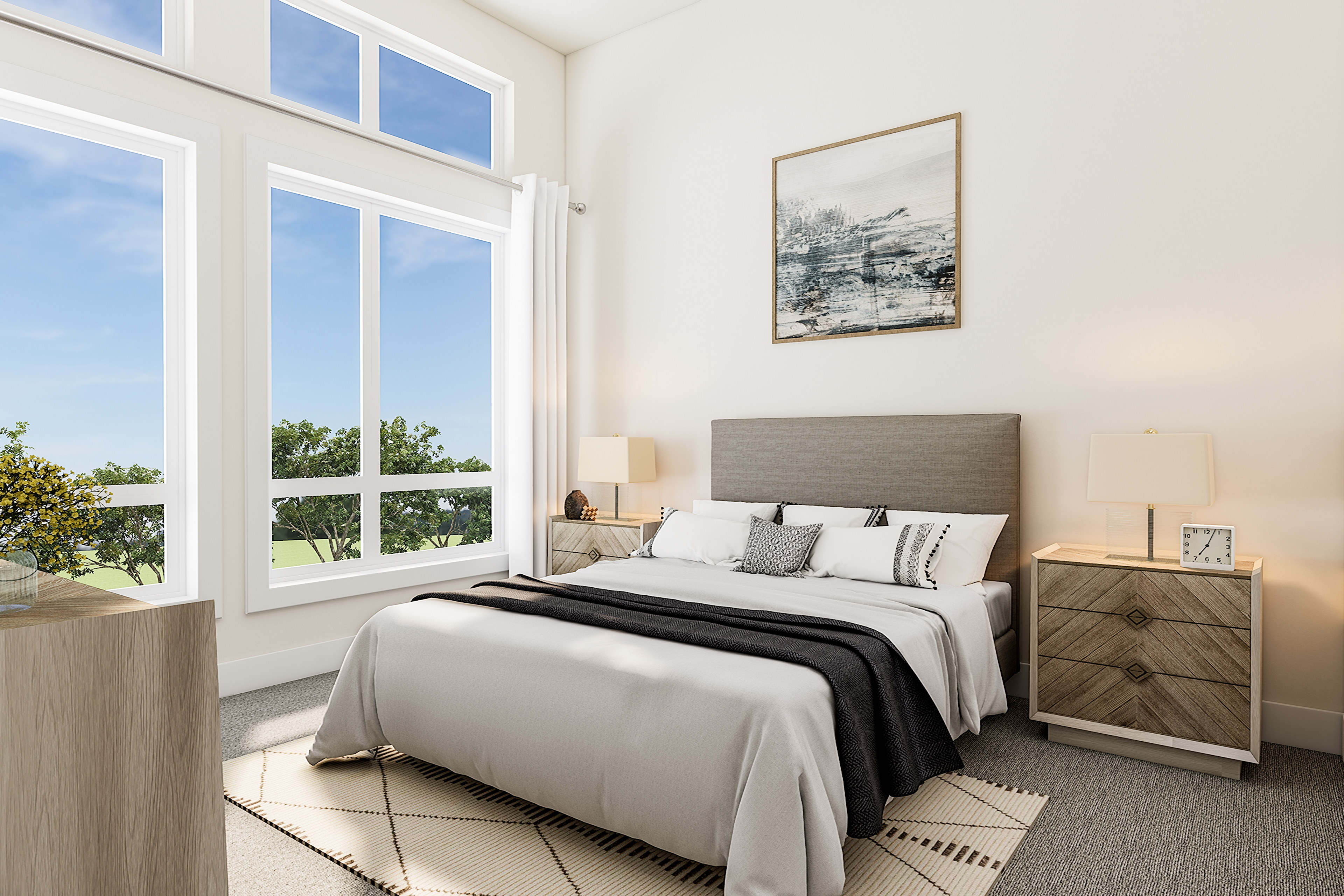 A modern and bright bedroom with large windows overlooking a lush outdoor landscape, featuring a comfortable bed, nightstands, and a framed artwork on the wall.