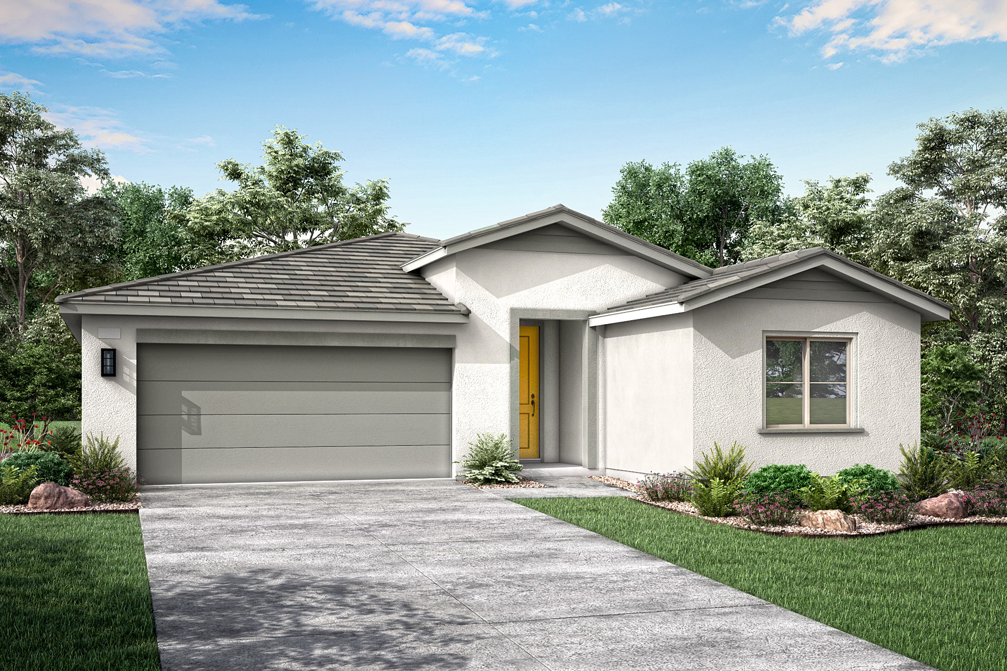 A modern, single-story house with a gray exterior and a tiled roof sits on a grassy lawn, surrounded by lush trees and a clear blue sky.