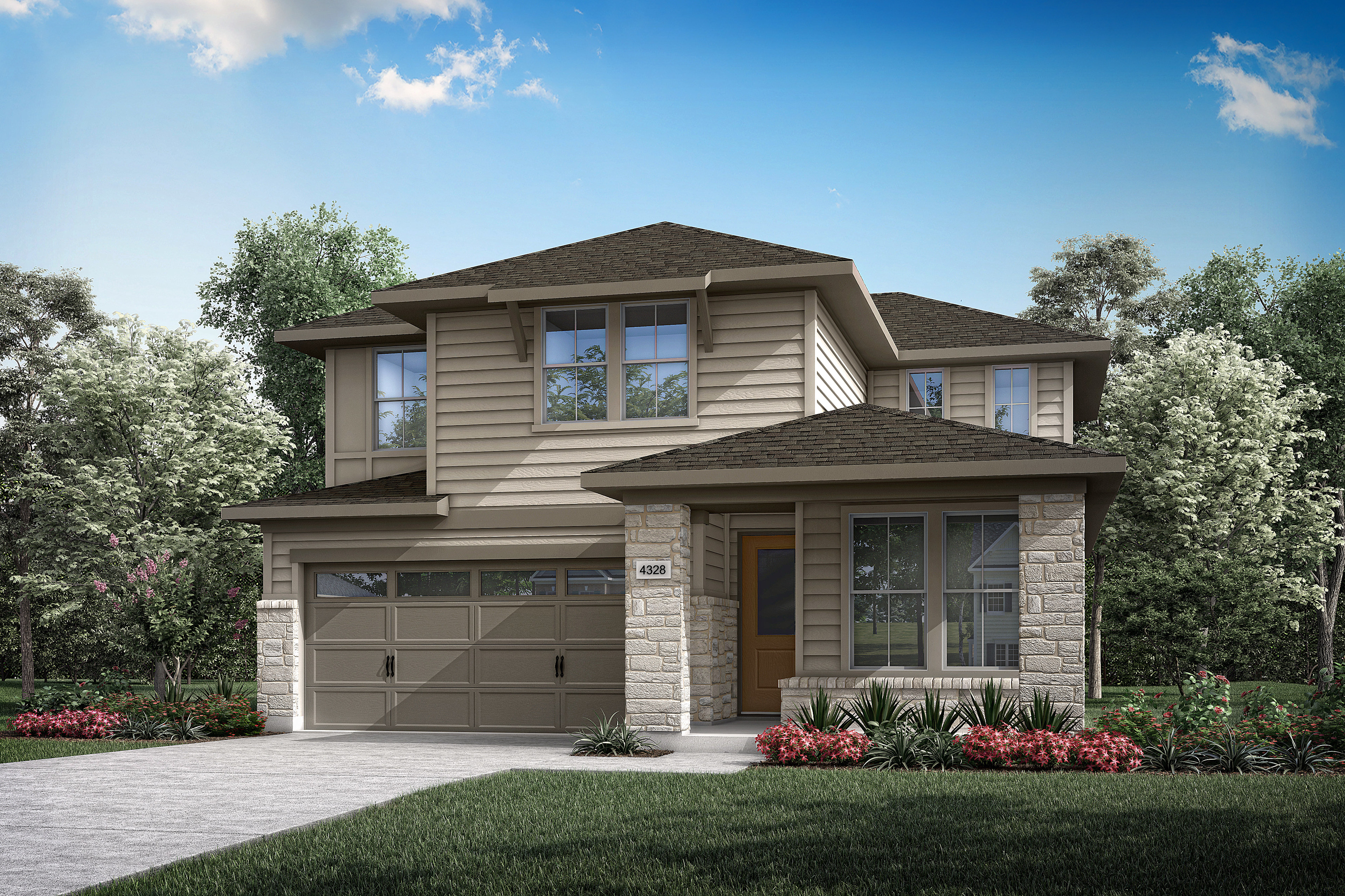 A two-story residential house with a garage, surrounded by lush greenery and a well-manicured lawn in the foreground.