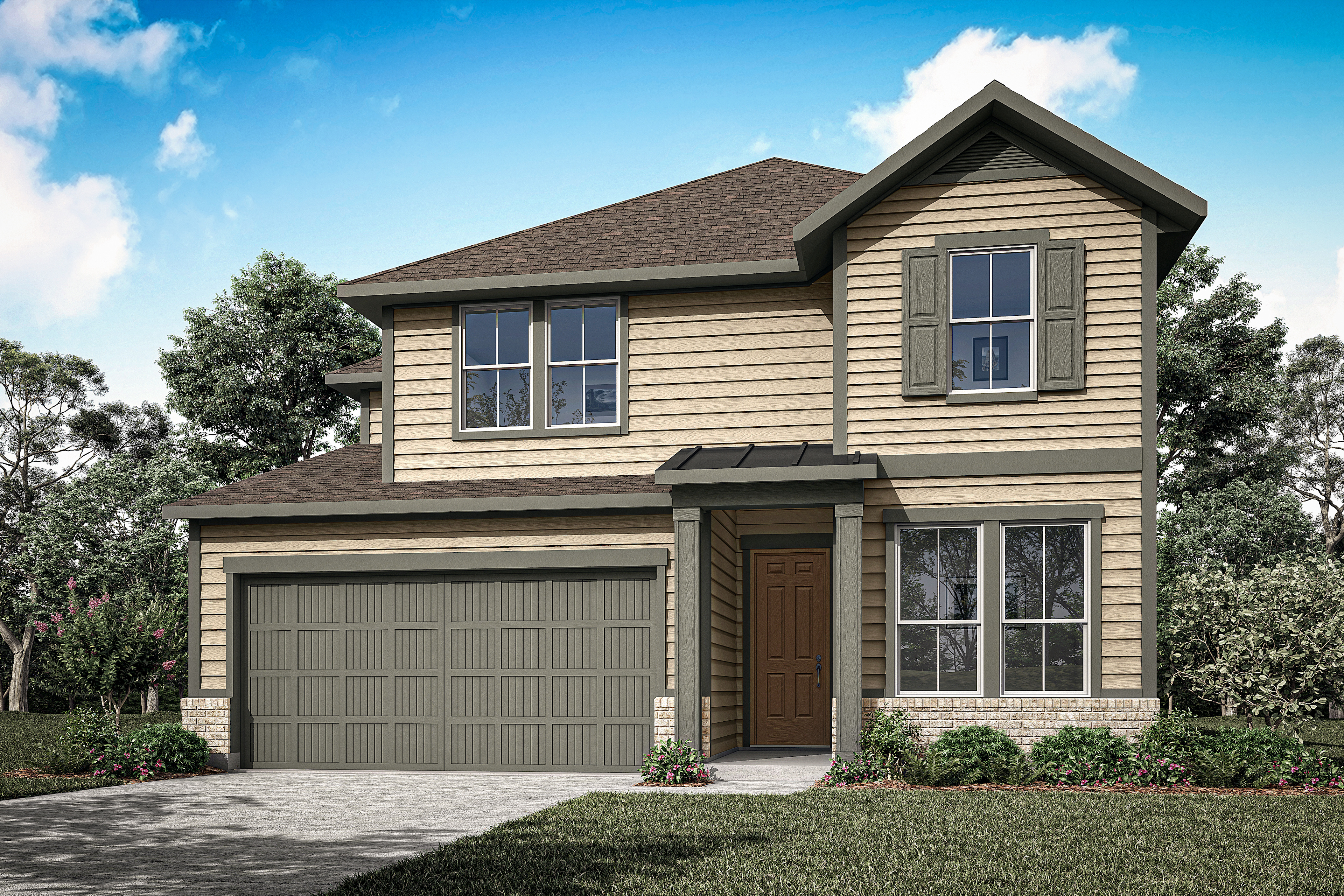 A two-story beige house with a garage, surrounded by trees and a grassy lawn, set against a blue sky with fluffy white clouds.