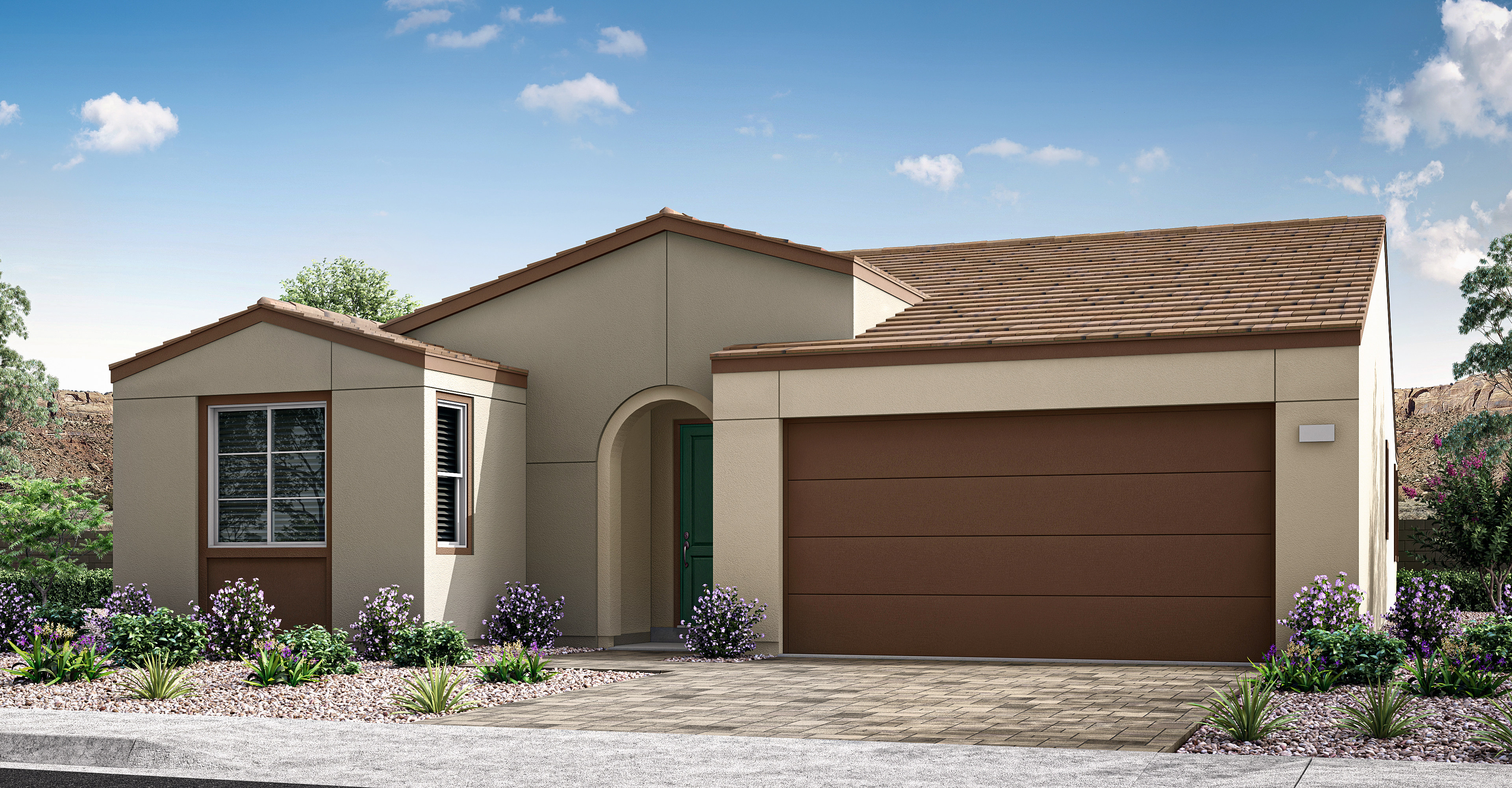 A modern, two-story house with a brown garage door, surrounded by a well-landscaped yard featuring purple flowers in the foreground and a clear blue sky with fluffy clouds in the background.
