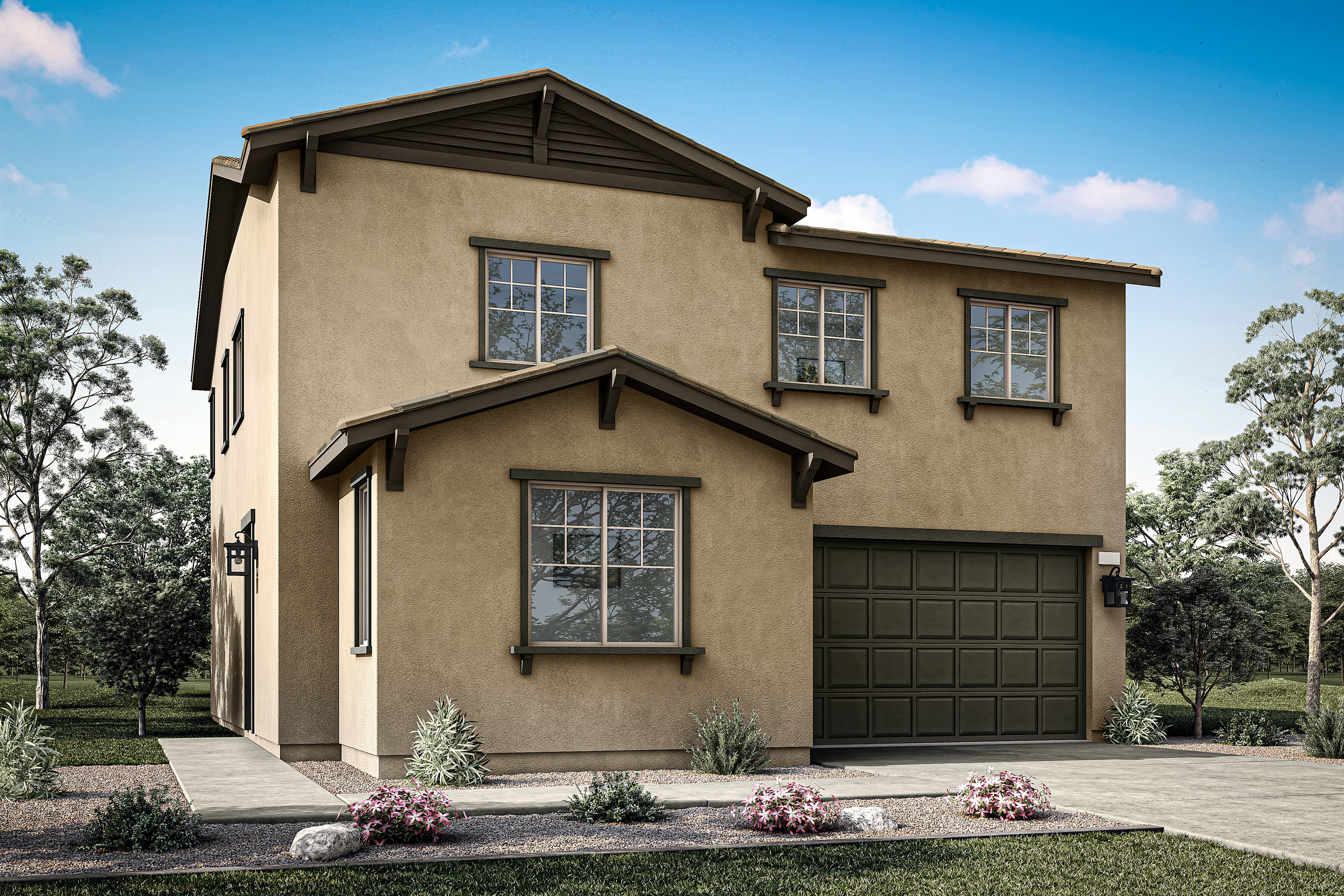 A two-story stucco house with a garage door, surrounded by landscaping and trees in the background.