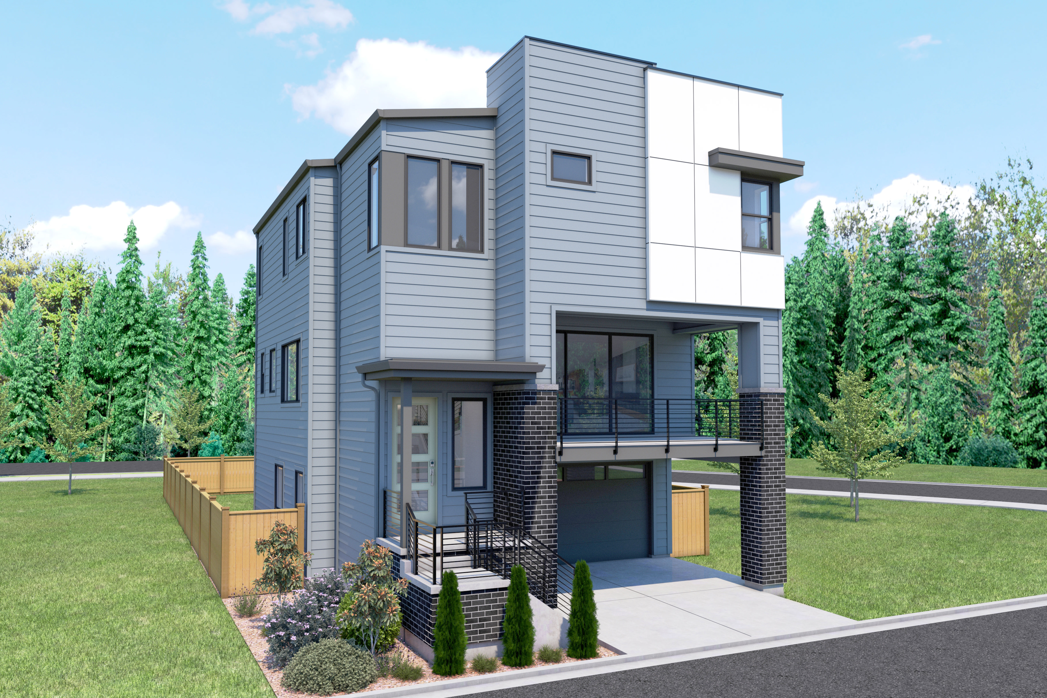 A modern, two-story residential building with a gray exterior, surrounded by lush greenery and a well-manicured lawn in the foreground.