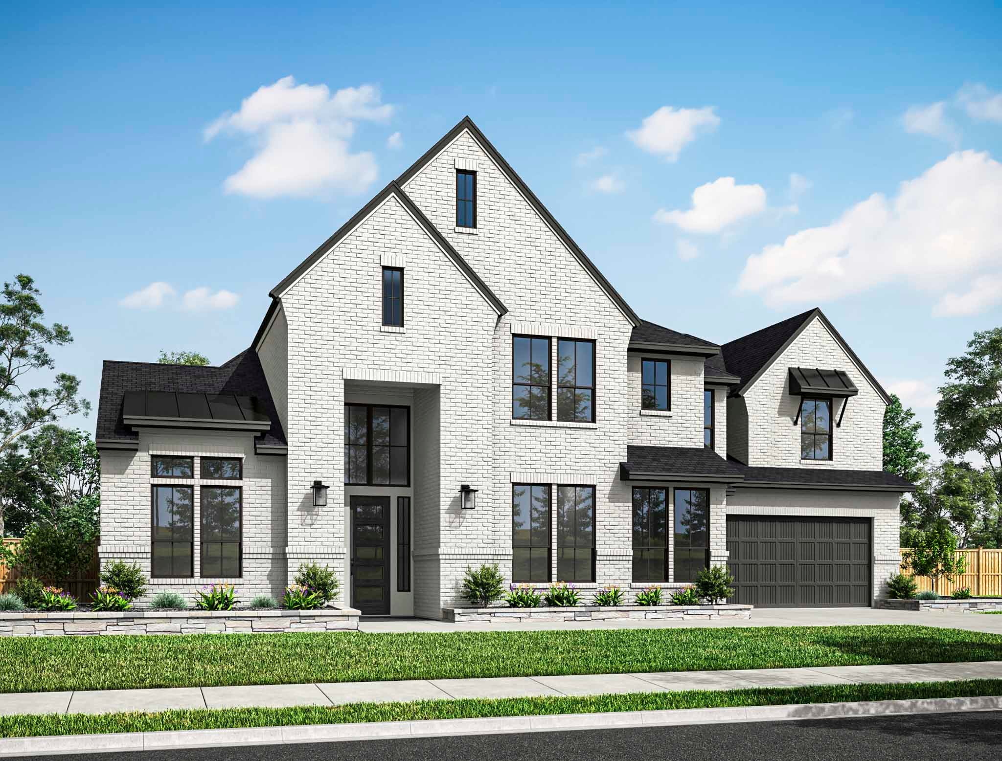 A modern, two-story house with a white exterior, black trim, and a garage stands in a grassy, tree-lined neighborhood.
