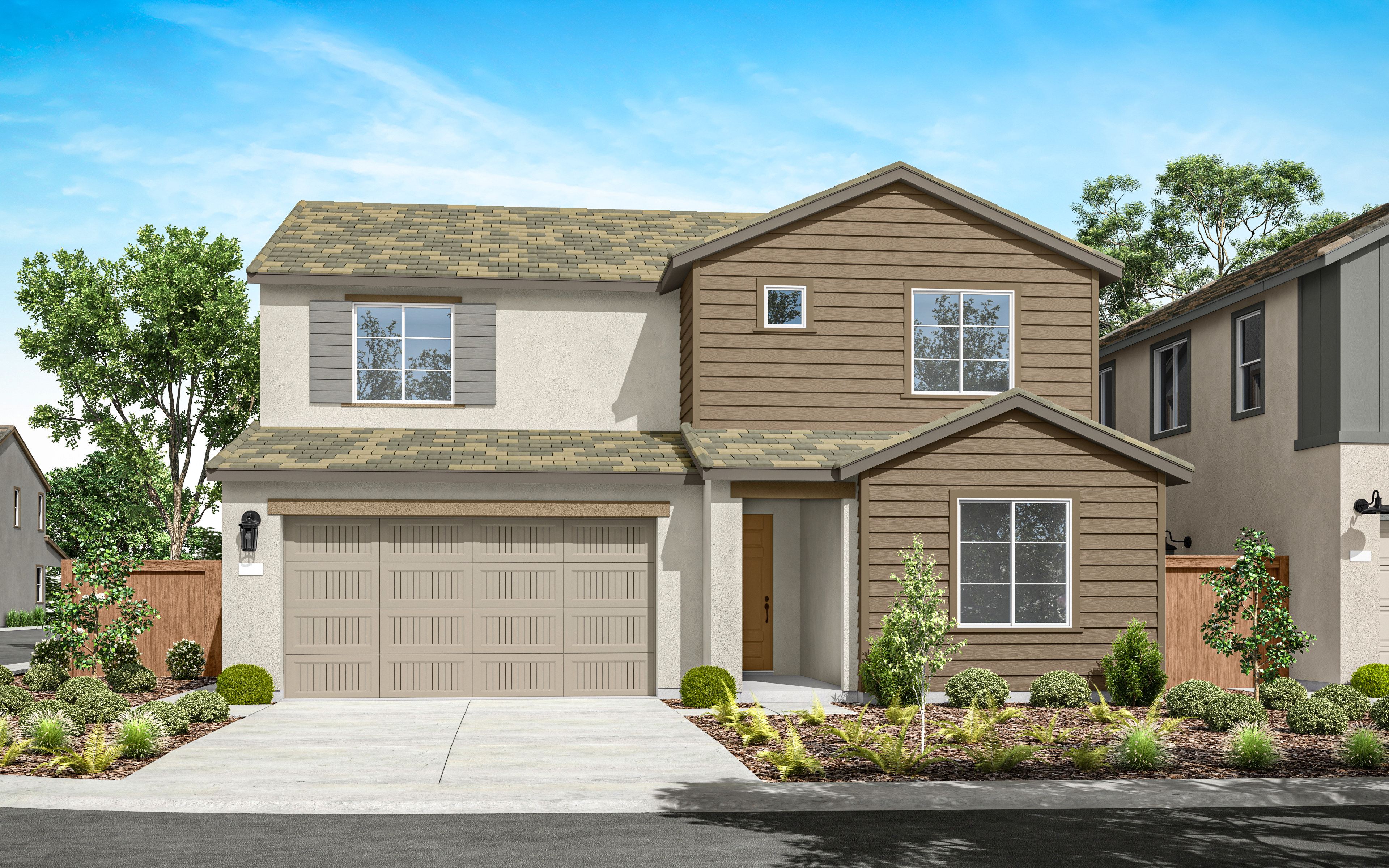 A two-story residential house with a garage, surrounded by landscaped gardens and a paved driveway, set against a clear blue sky with scattered clouds.