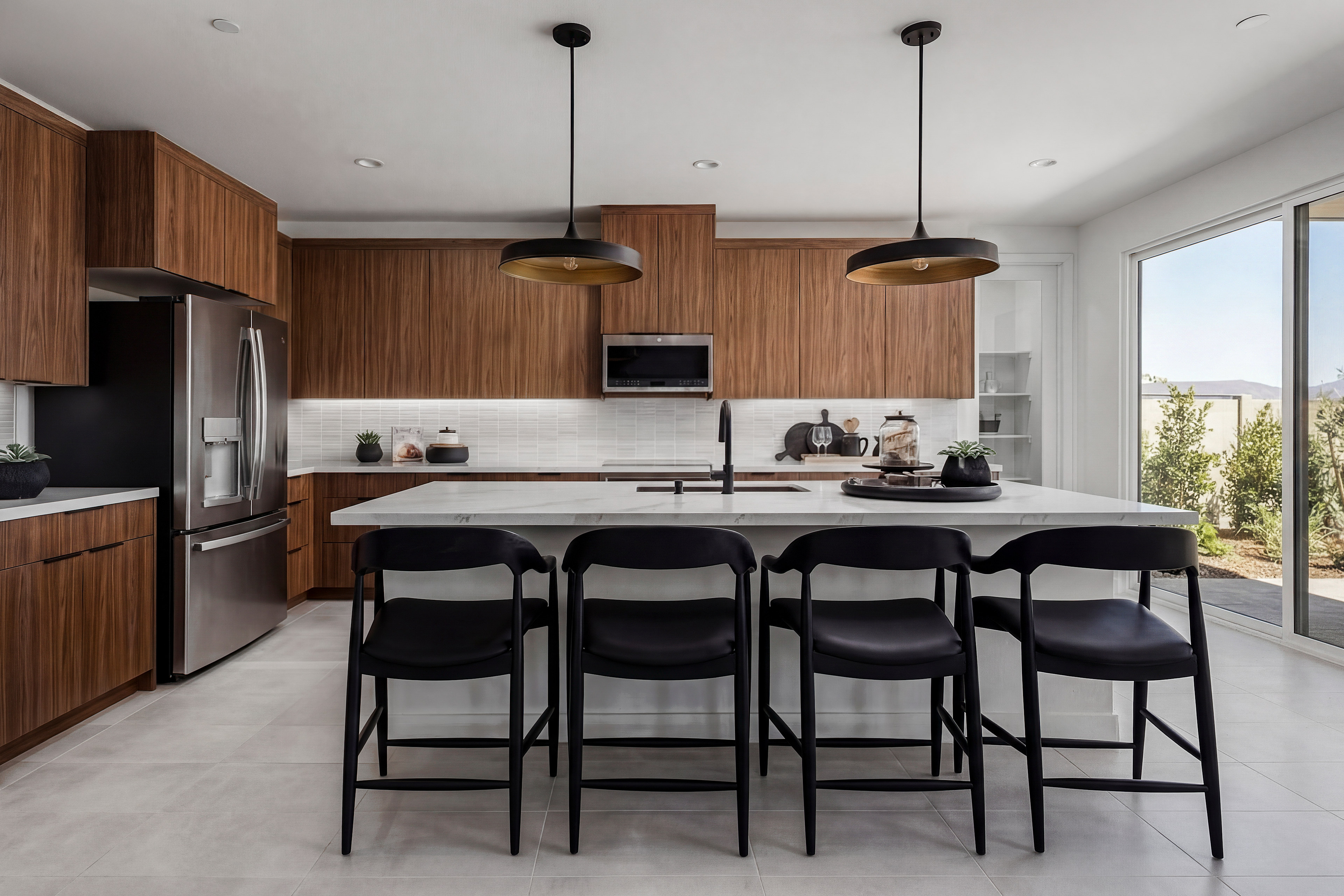 A modern kitchen with wooden cabinets, a large island with bar stools, and pendant lights hanging above, set against a backdrop of a scenic view through a window.