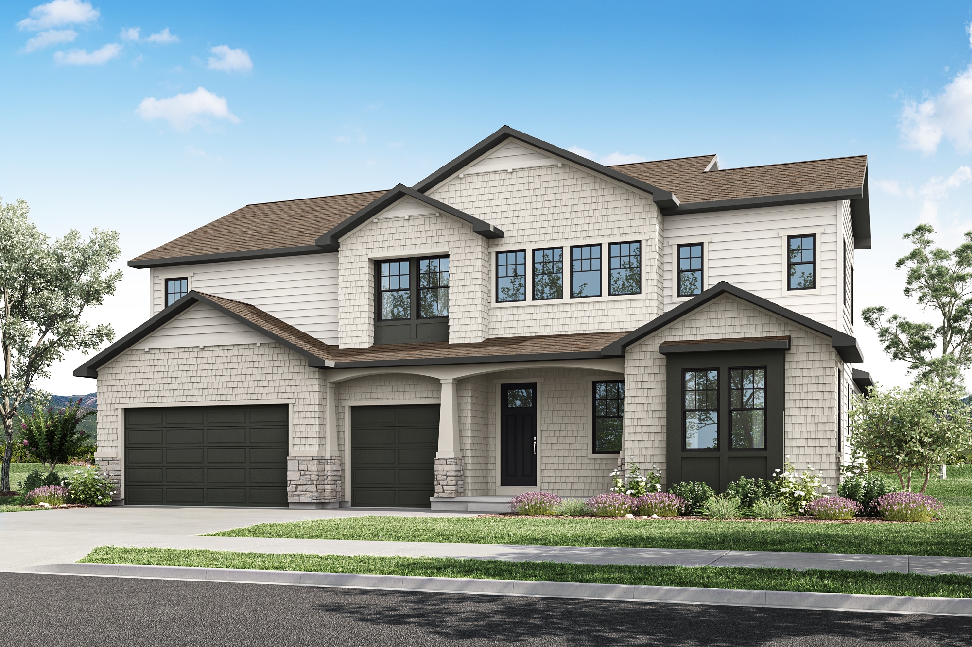 A two-story residential house with a garage, surrounded by a well-manicured lawn and landscaping, set against a clear blue sky with scattered clouds.
