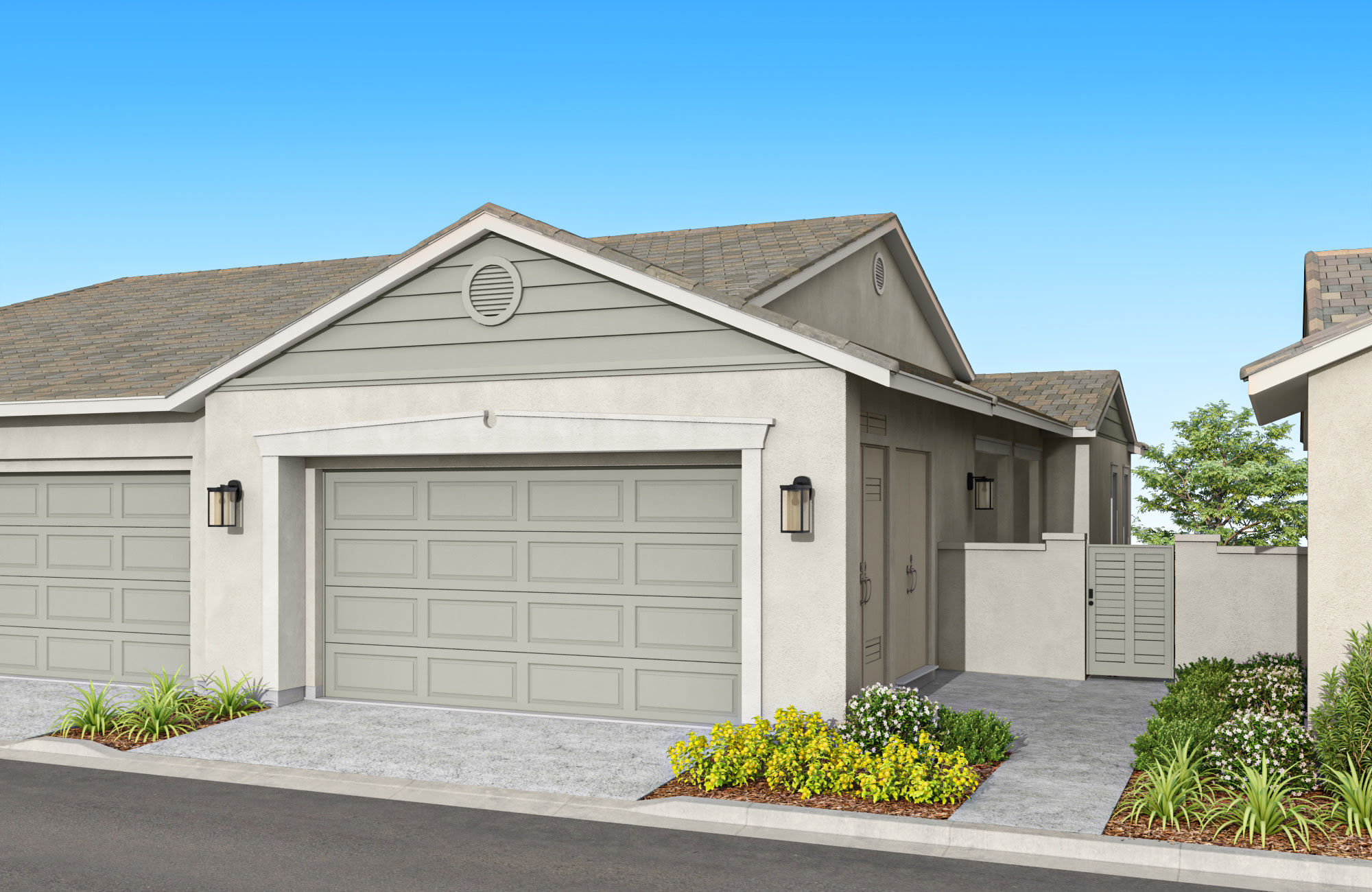 A two-story residential building with a garage, surrounded by landscaped greenery and a clear blue sky in the background.