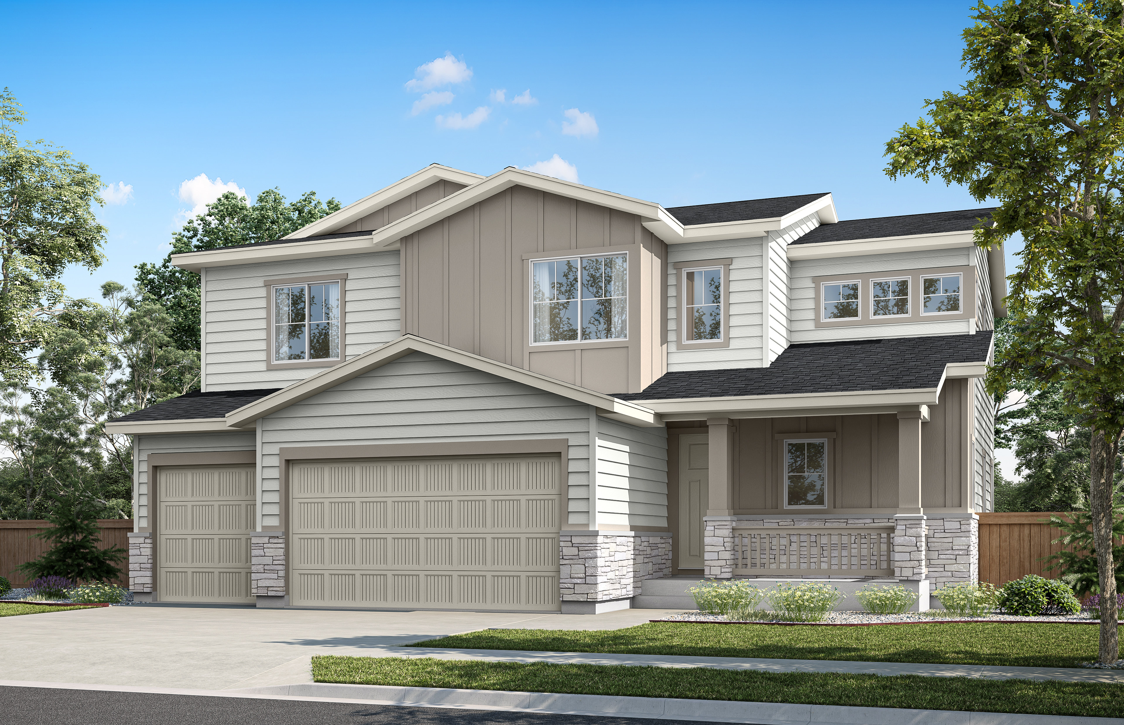 A two-story residential house with a garage, surrounded by trees and a grassy lawn in the foreground, set against a clear blue sky.