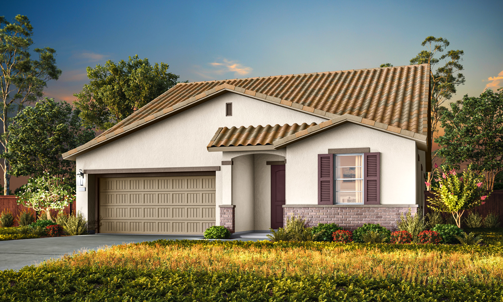 A single-story house with a tiled roof sits in a well-landscaped yard, surrounded by lush greenery and a clear blue sky in the background.
