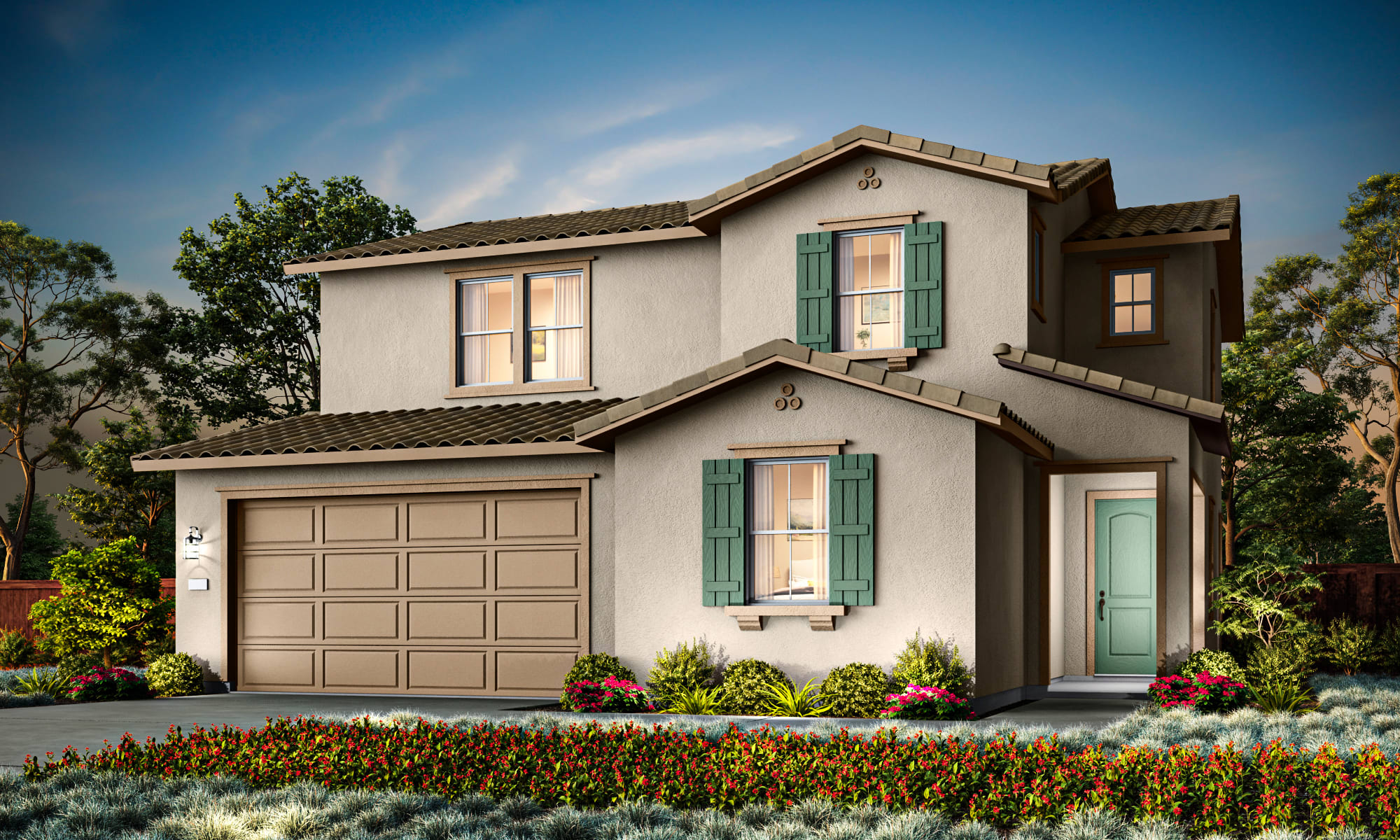 A two-story Mediterranean-style house with a garage, surrounded by lush landscaping and a clear blue sky in the background.