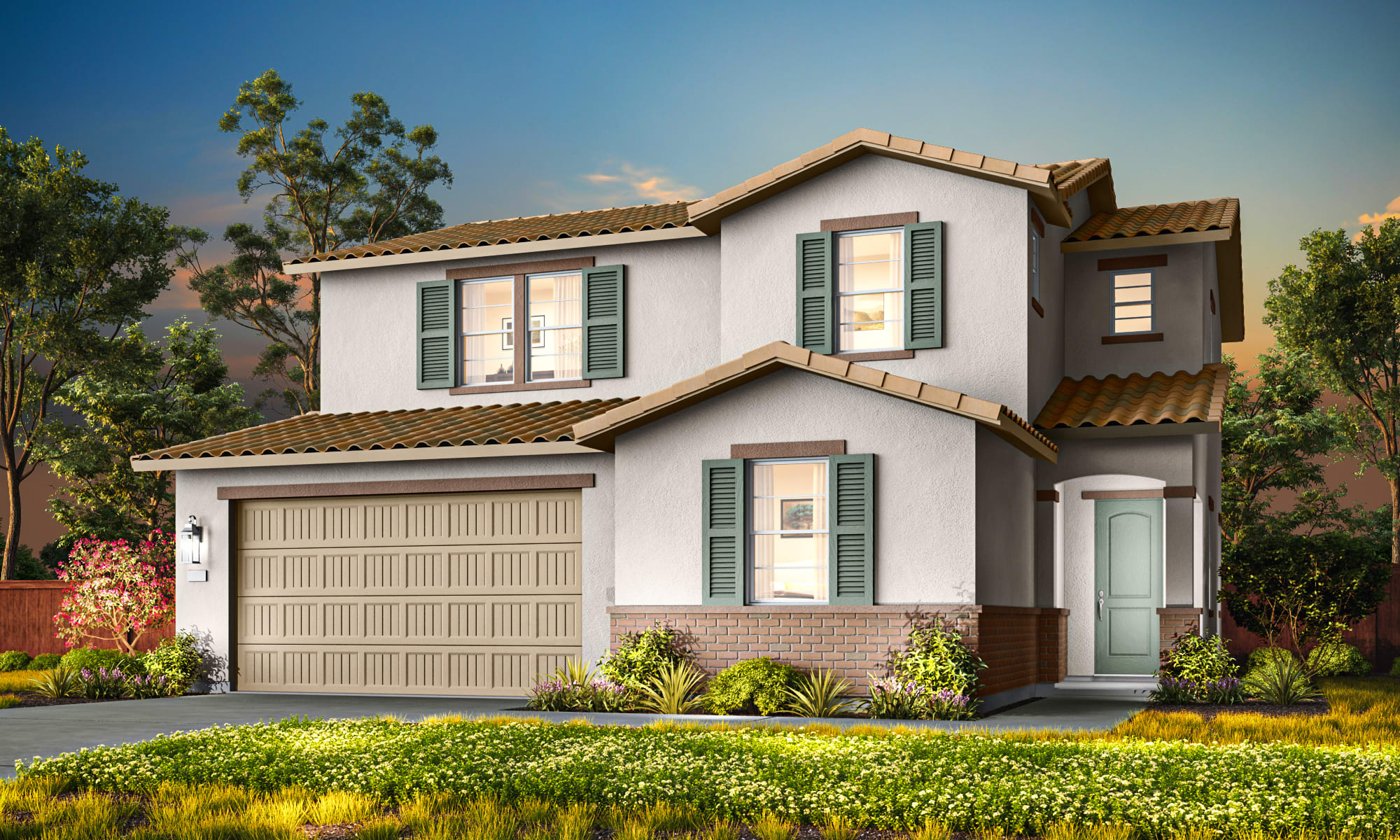 A two-story Mediterranean-style house with a garage, surrounded by lush greenery and a well-manicured lawn in the foreground.