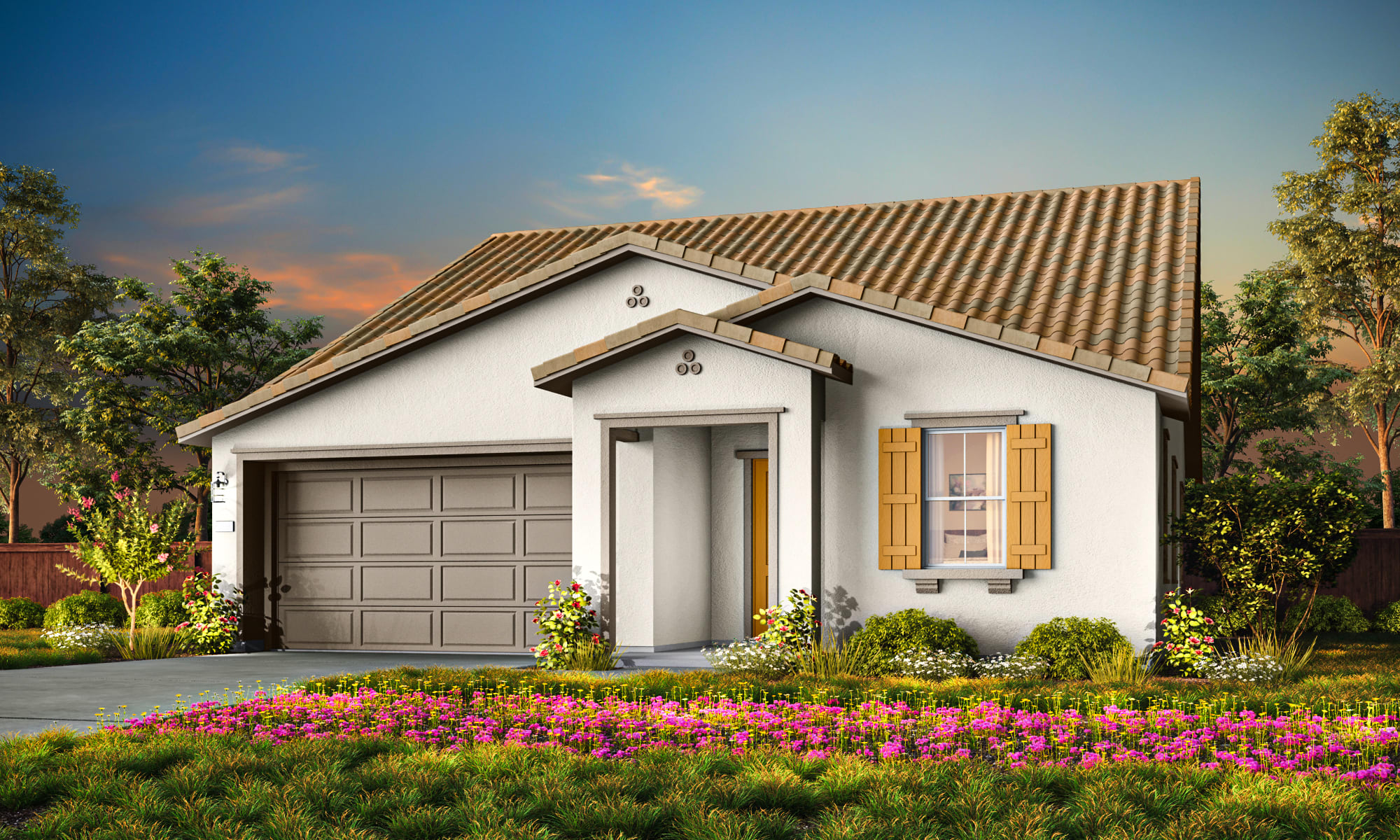A charming single-story house with a tiled roof, surrounded by a vibrant garden filled with colorful flowers, set against a backdrop of a clear blue sky.