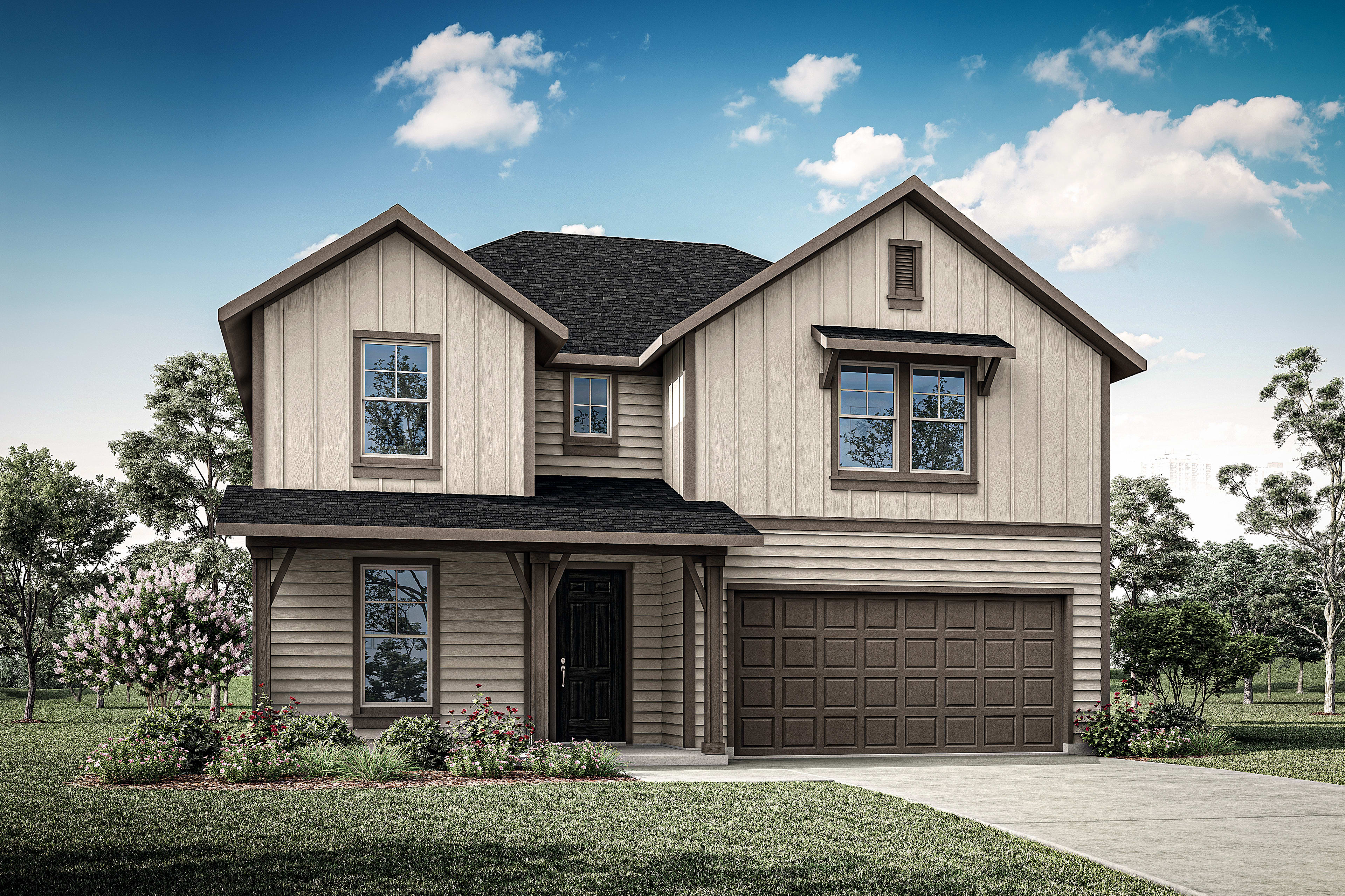 A two-story house with a garage, surrounded by a grassy lawn and trees, set against a blue sky with fluffy white clouds.