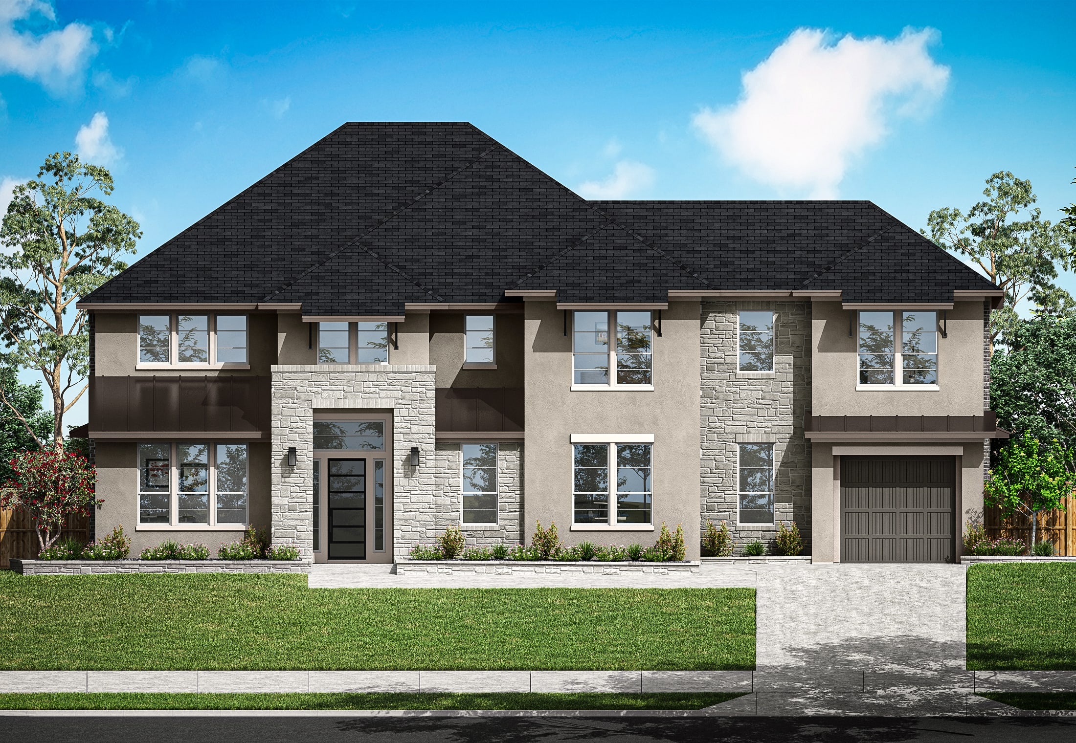 A two-story residential house with a black roof, stone exterior, and a well-manicured lawn in the foreground, set against a backdrop of a clear blue sky with fluffy white clouds.