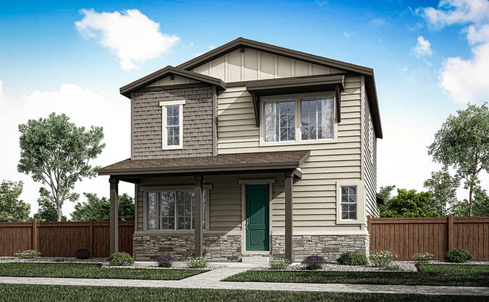 A two-story wooden house with a porch, surrounded by trees and a wooden fence in the foreground, set against a blue sky with clouds.