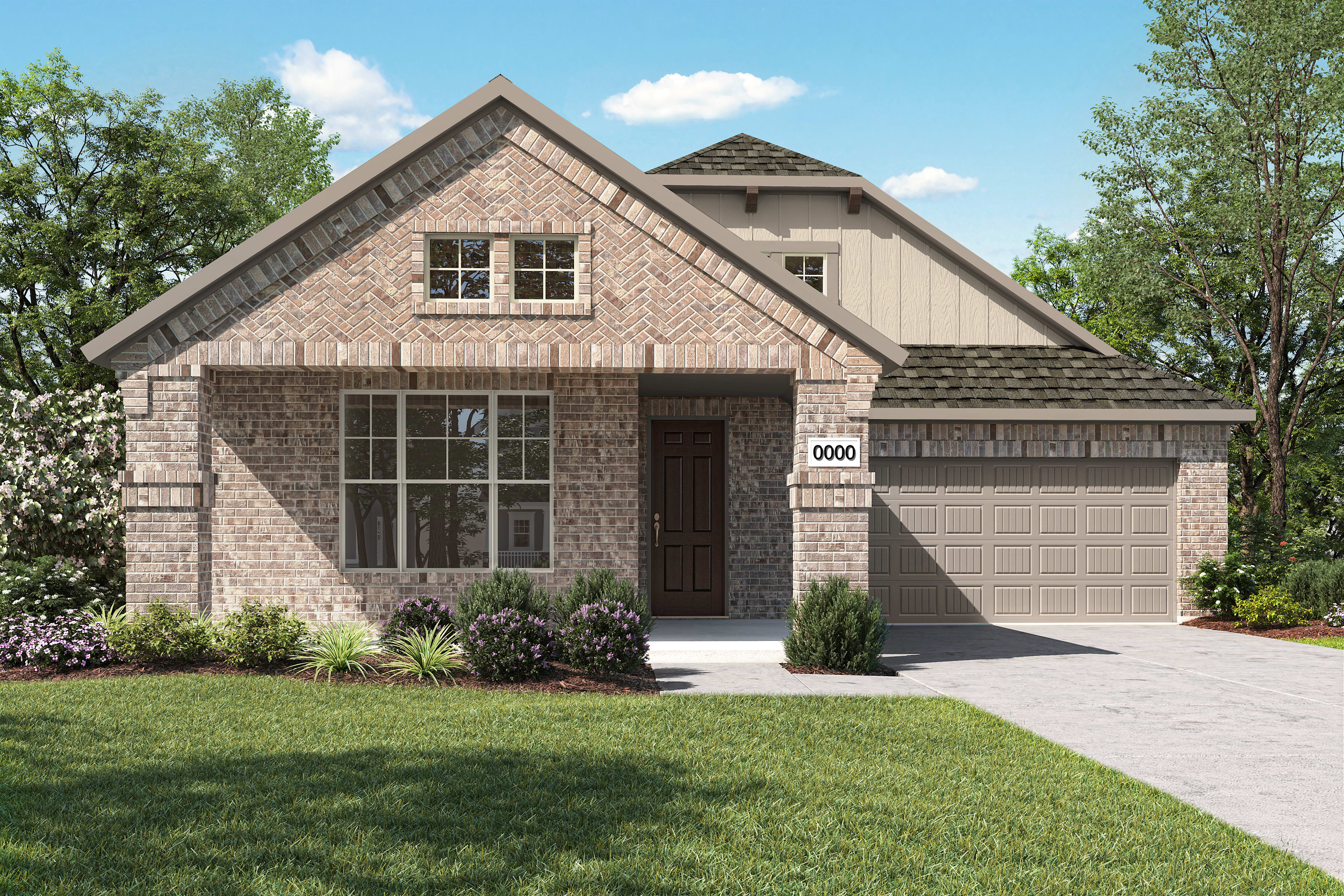 A two-story brick house with a gabled roof, surrounded by lush greenery and a well-manicured lawn, stands in a residential neighborhood.
