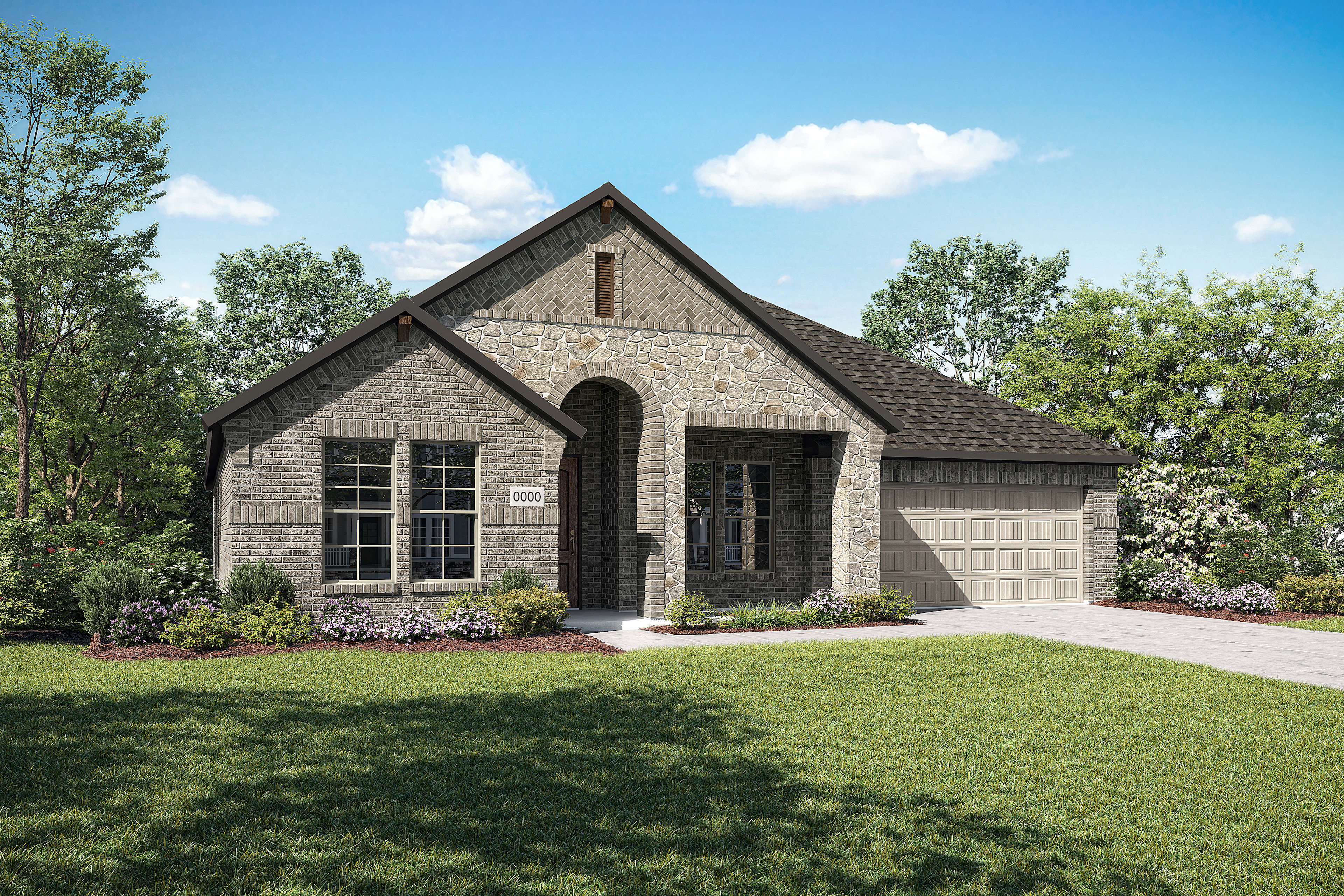 A two-story brick house with a gabled roof sits on a well-manicured lawn, surrounded by lush greenery and a clear blue sky with fluffy white clouds.