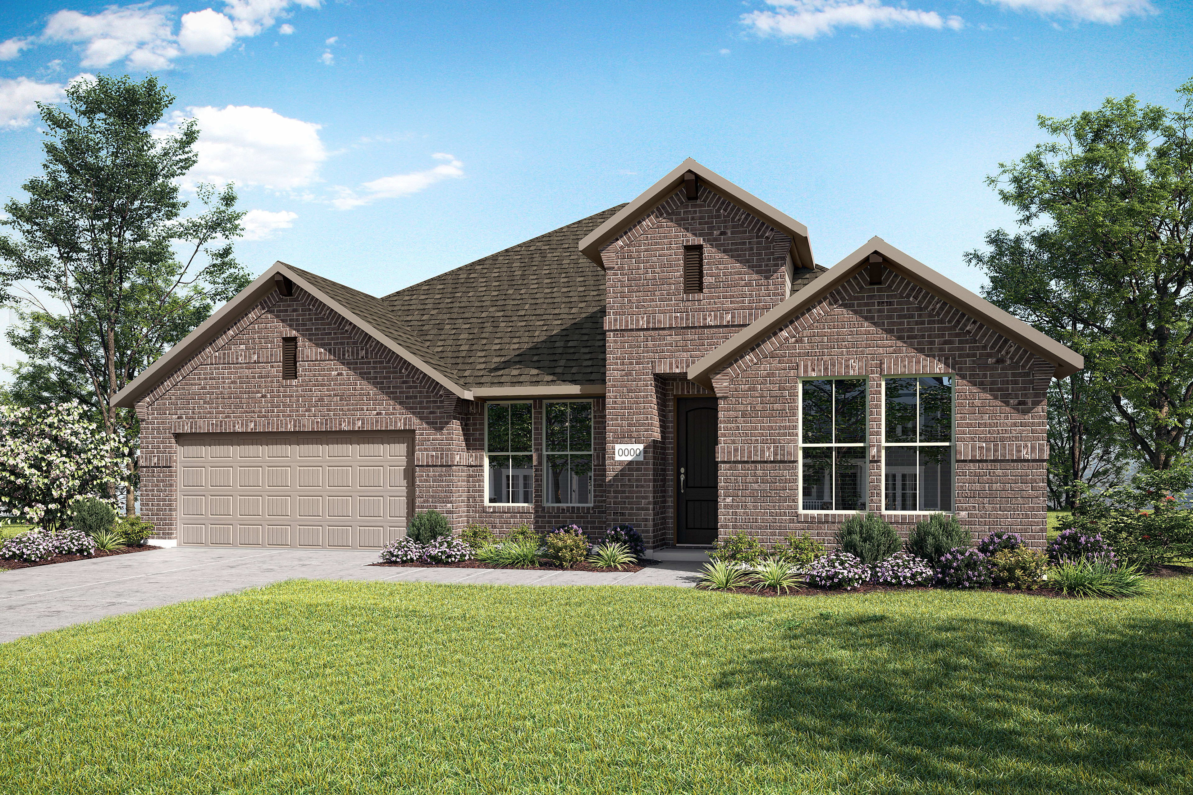 A two-story brick house with a gabled roof and a well-manicured lawn surrounded by lush greenery and a clear blue sky with fluffy white clouds.