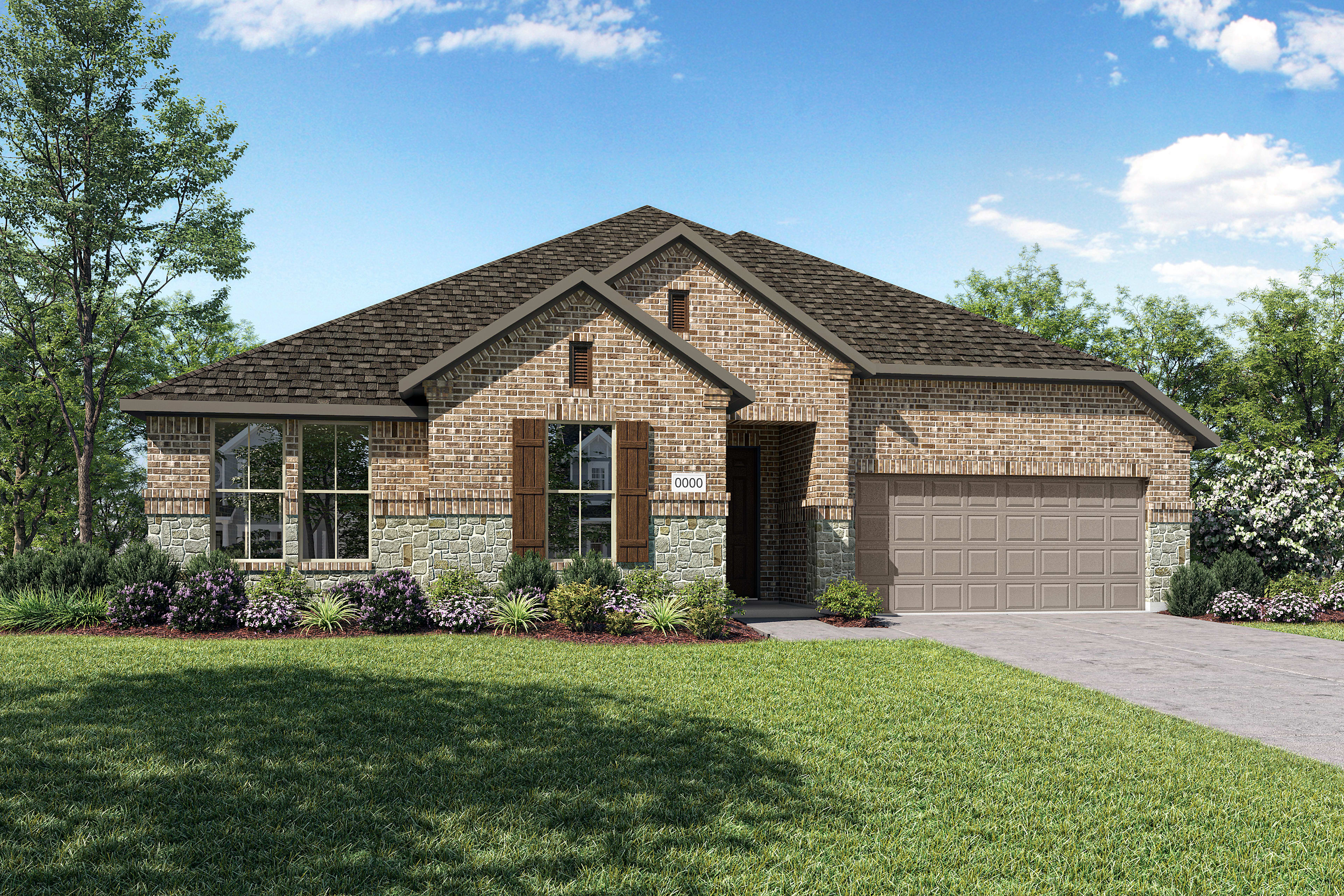 A two-story brick house with a gabled roof and a well-manicured lawn in the foreground, surrounded by lush greenery and a clear blue sky with fluffy white clouds.