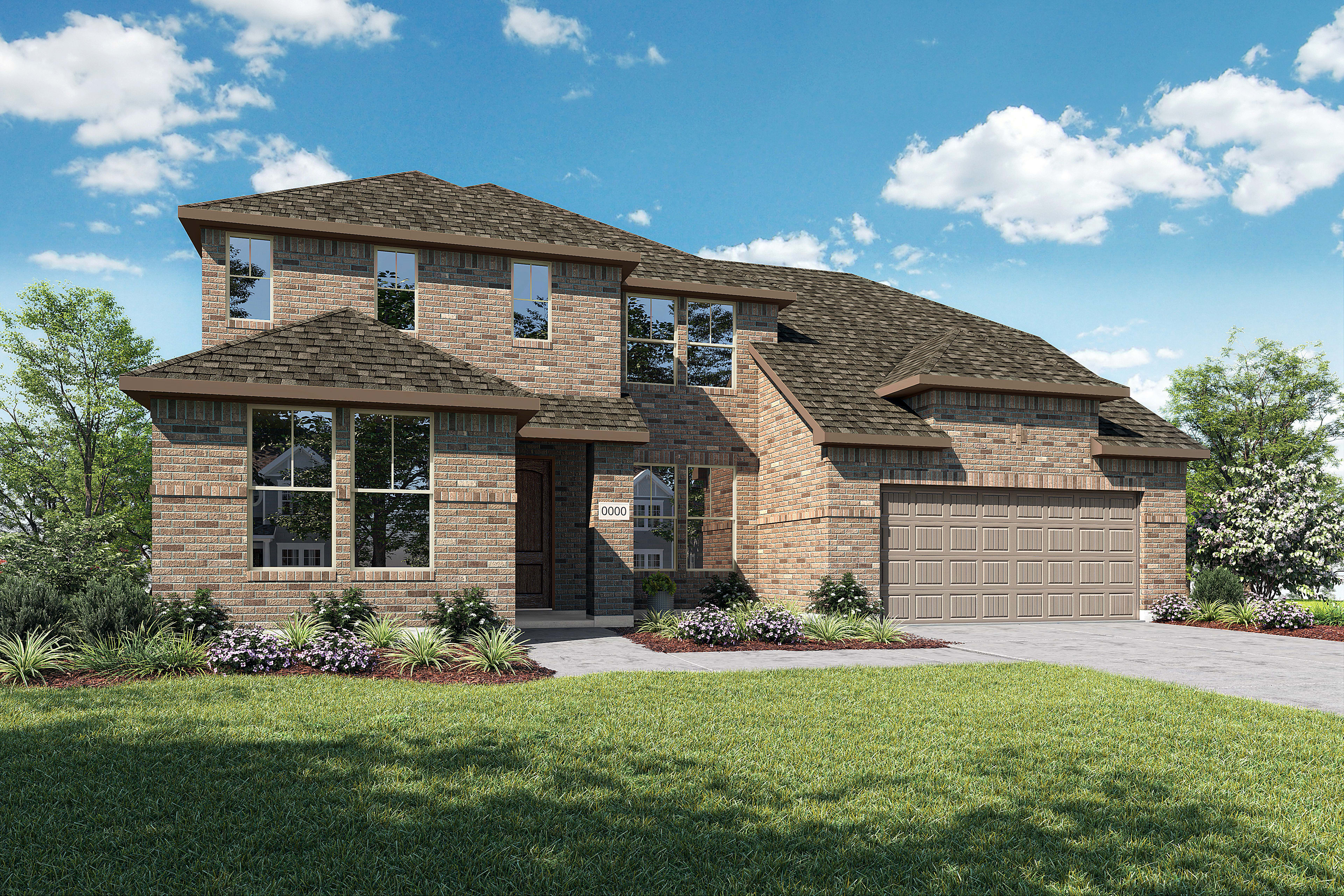 A two-story brick house with a tiled roof sits on a well-manicured lawn, surrounded by lush greenery and a clear blue sky dotted with fluffy white clouds.