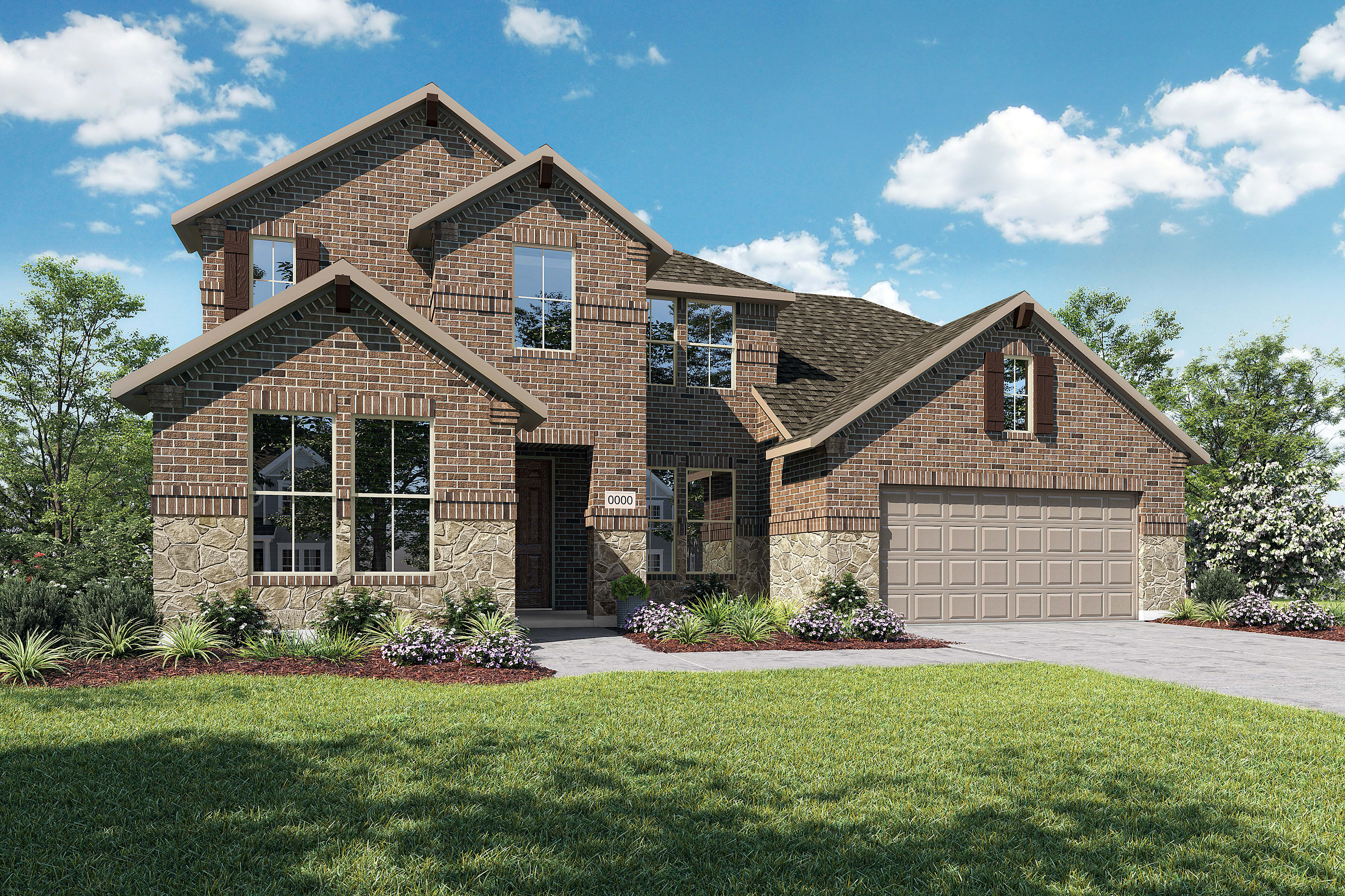 A two-story brick house with a garage, surrounded by lush greenery and a clear blue sky with fluffy white clouds.