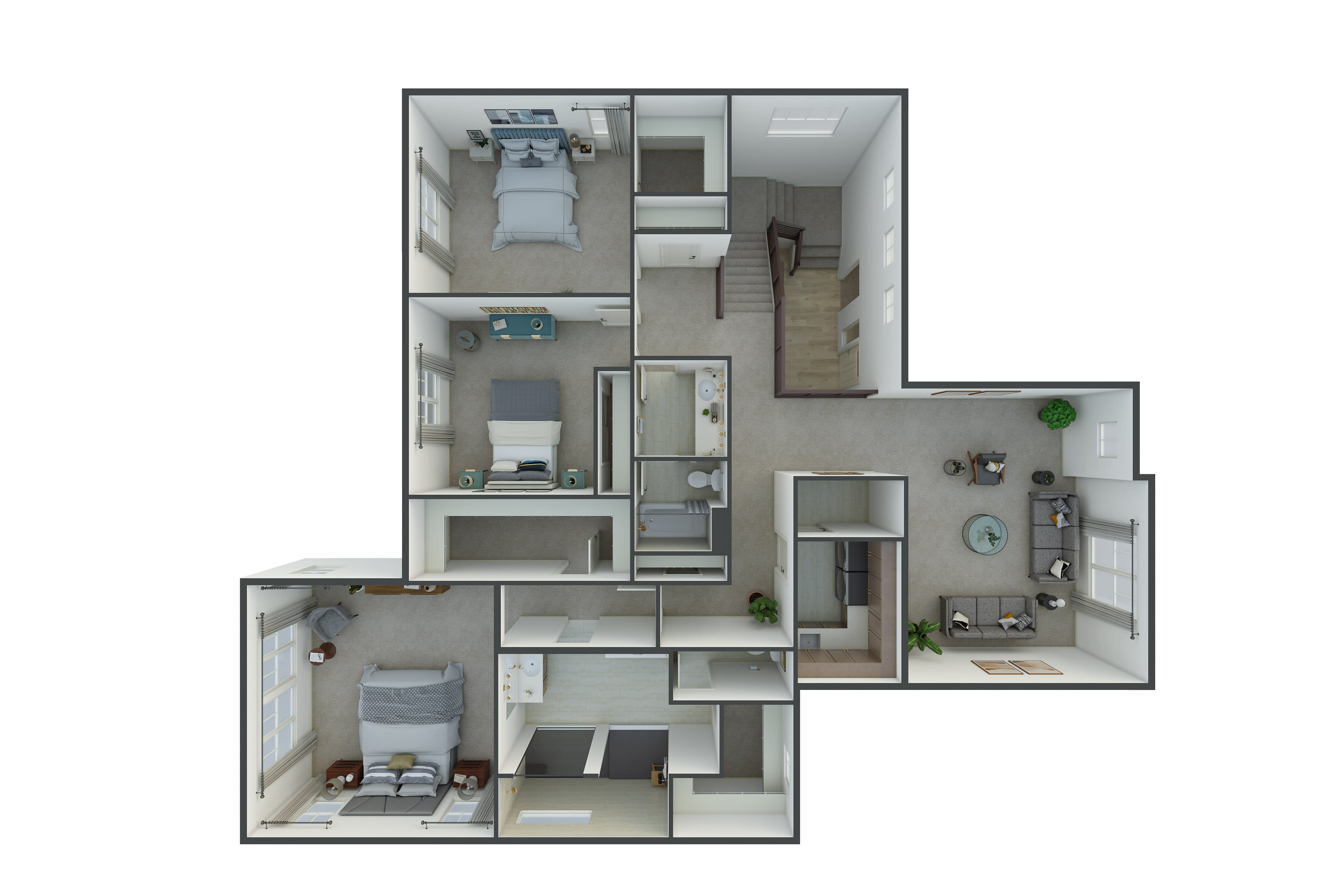 A detailed 3D floor plan of a multi-room apartment, showcasing various living spaces, including a bedroom, kitchen, and bathroom.
