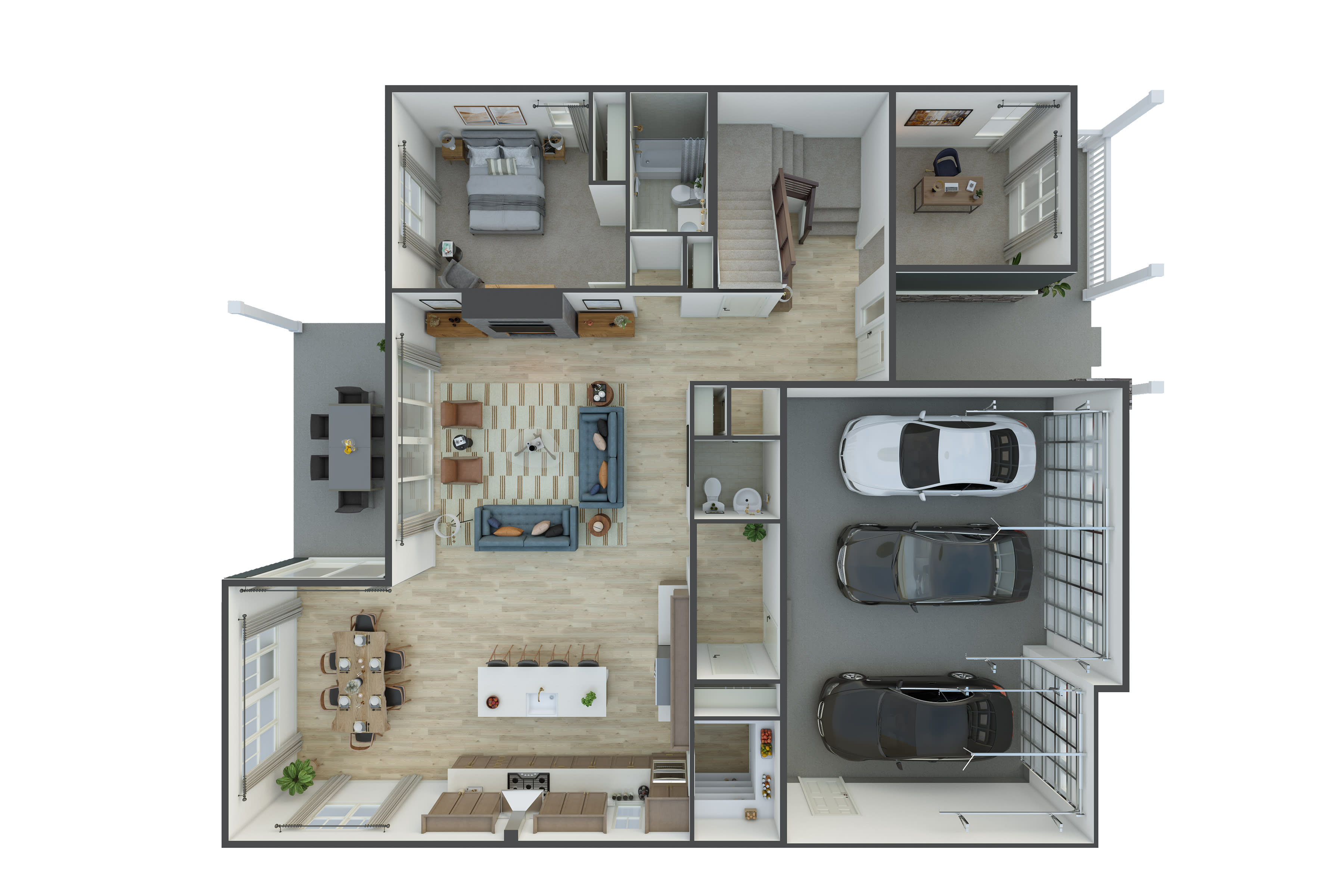 A detailed floor plan of a modern apartment, showcasing the layout of the various rooms, including a living area, kitchen, bedrooms, and a garage.