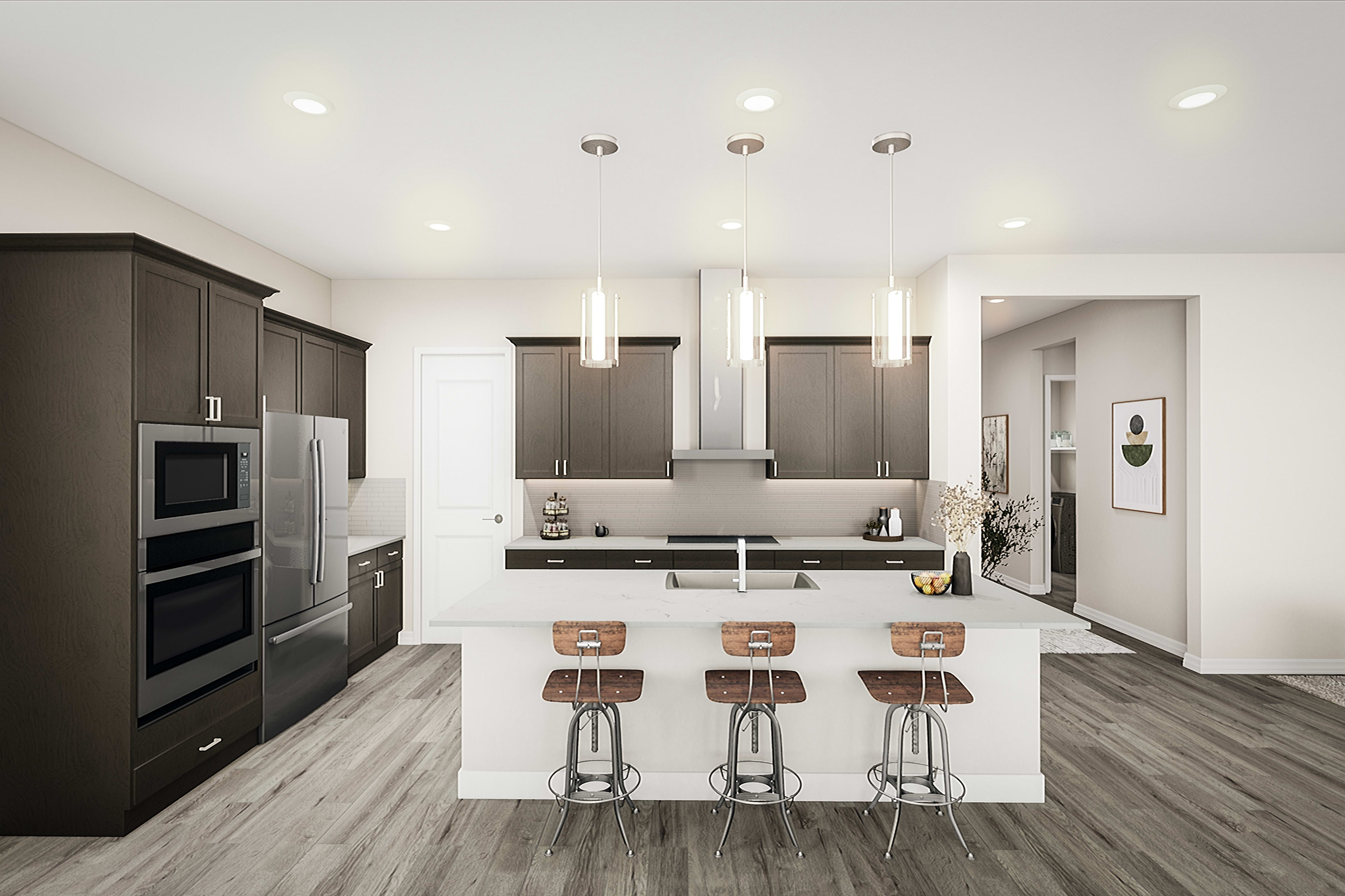 A modern, minimalist kitchen with dark cabinets, stainless steel appliances, and three bar stools at a central island.