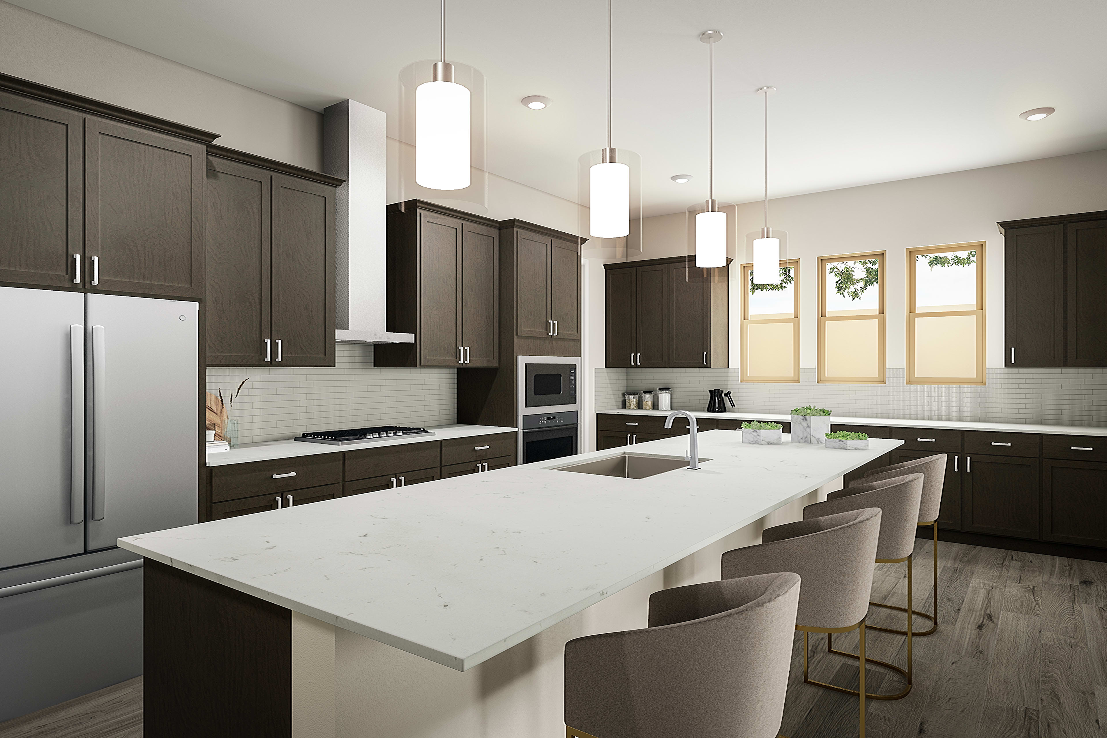 A modern, well-designed kitchen with dark cabinets, a white countertop, and pendant lighting fixtures, set against a bright and airy background.