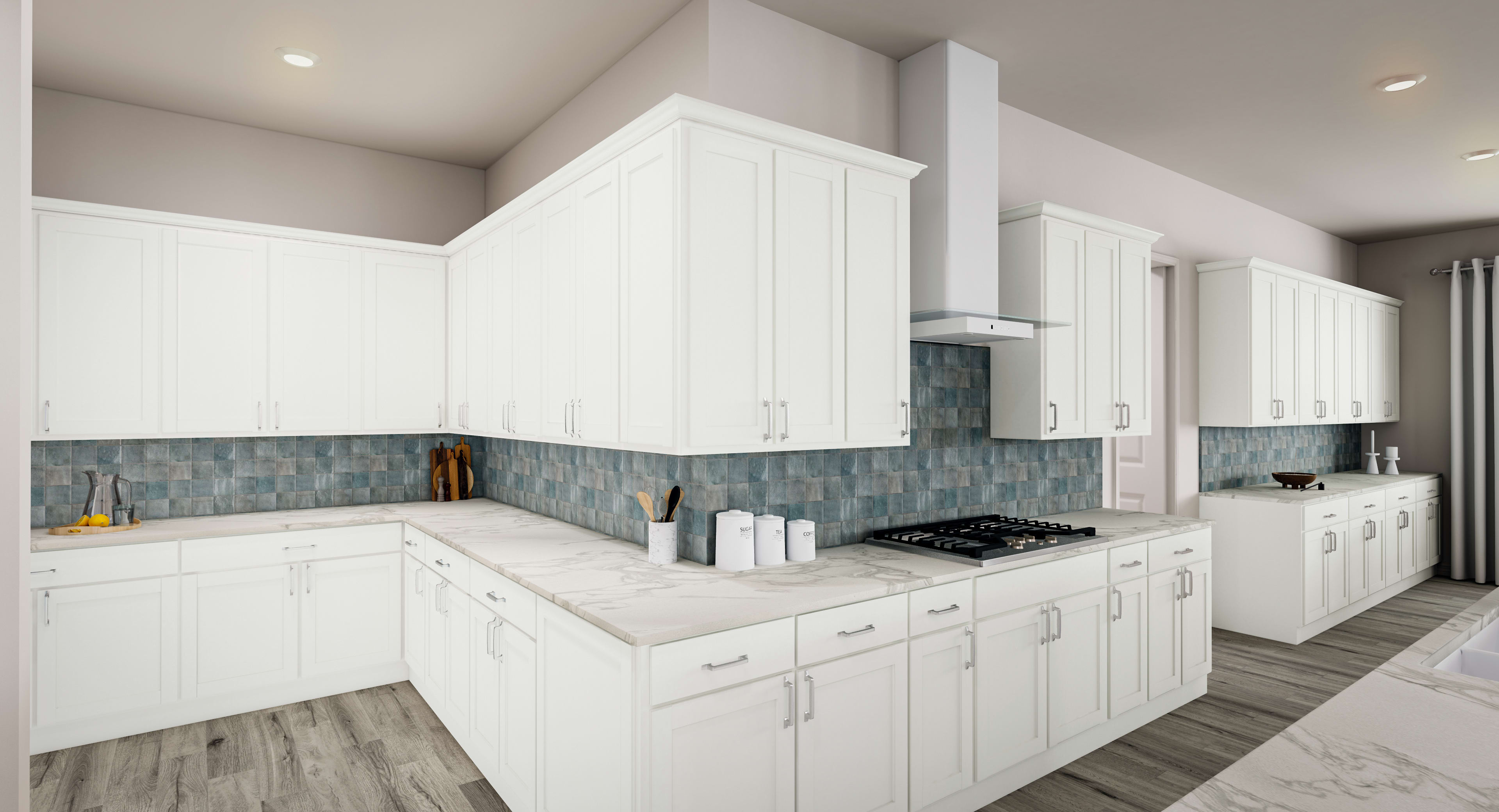 A modern, well-lit kitchen with white cabinets, a gray tile backsplash, and a hardwood floor.