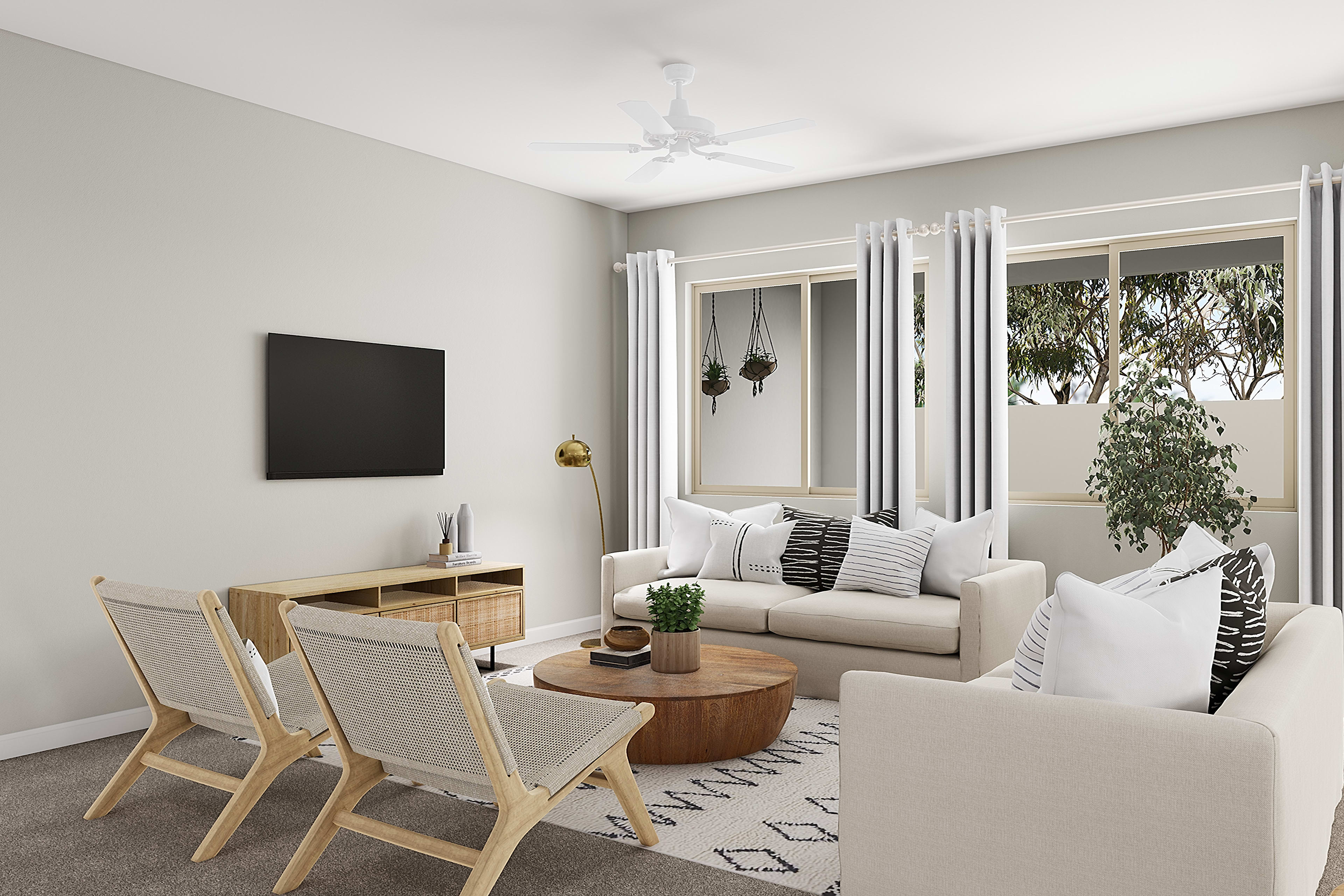 A cozy and minimalist living room with a neutral color palette, featuring a sofa, chairs, a coffee table, and a potted plant near the window, creating a warm and inviting atmosphere.