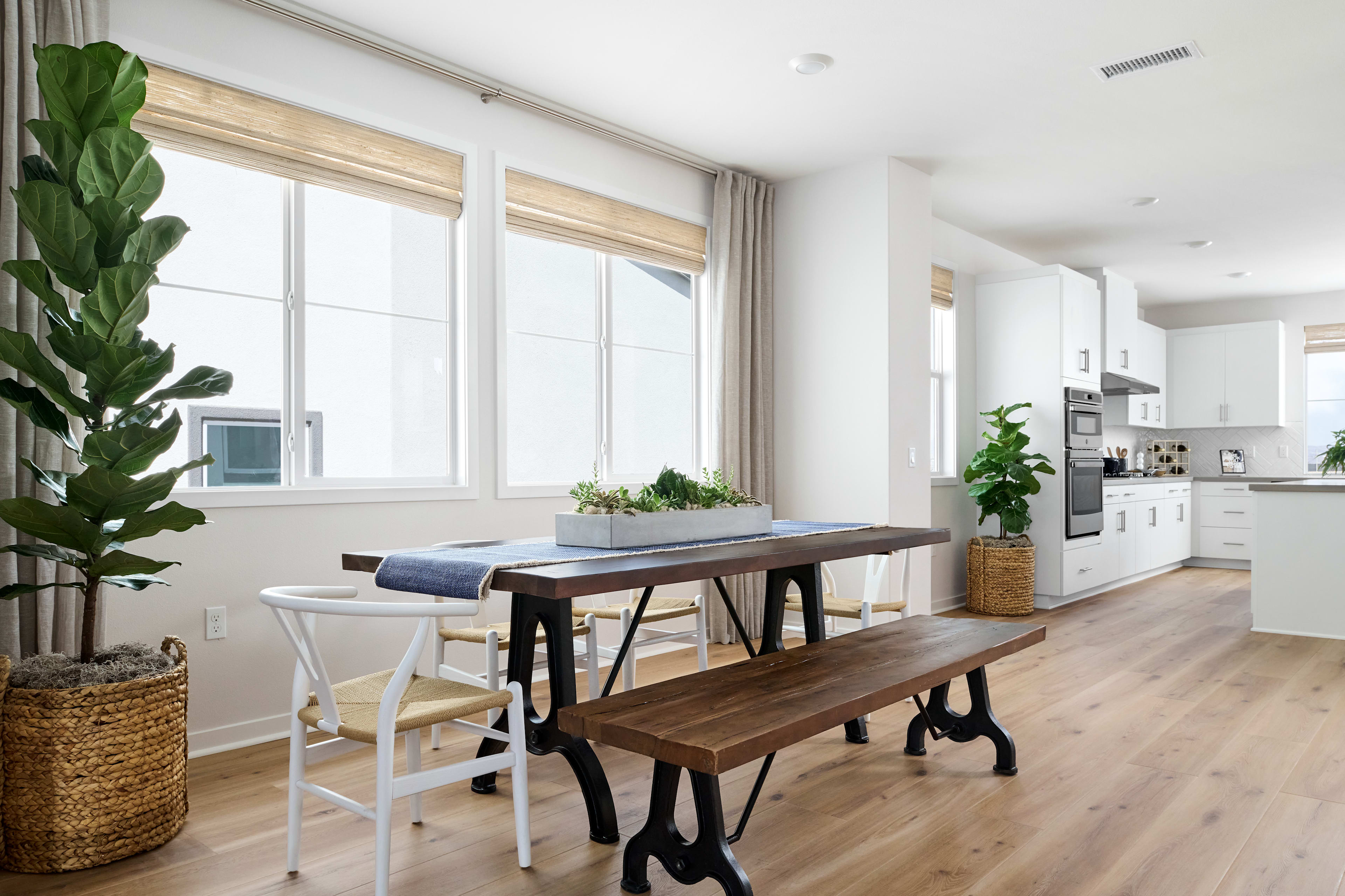 A bright and airy kitchen-dining area with a wooden dining table, bench, and chairs, surrounded by large windows and potted plants, creating a cozy and inviting atmosphere.