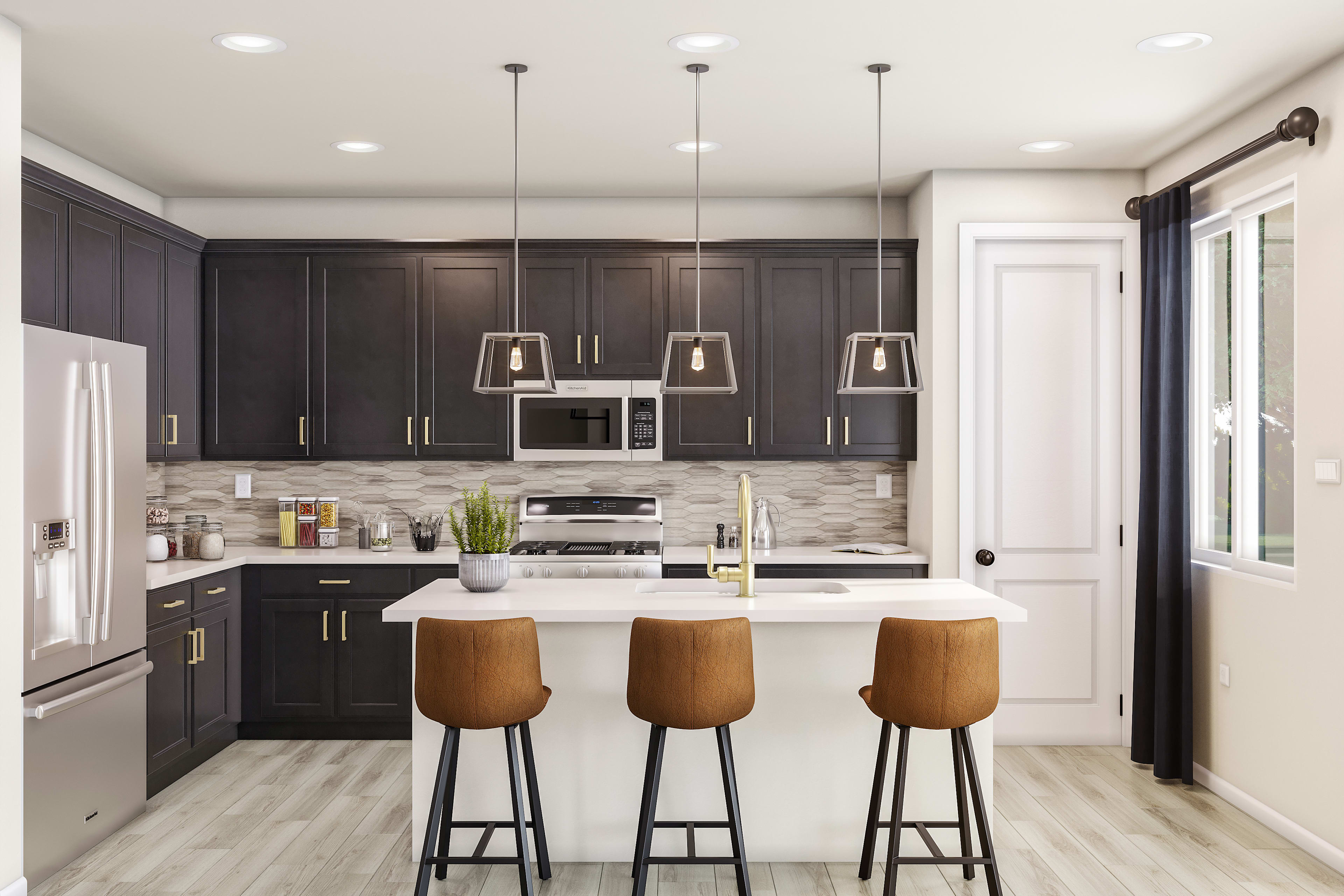 A modern and stylish kitchen with dark cabinets, a white countertop, and three wooden bar stools at the island.