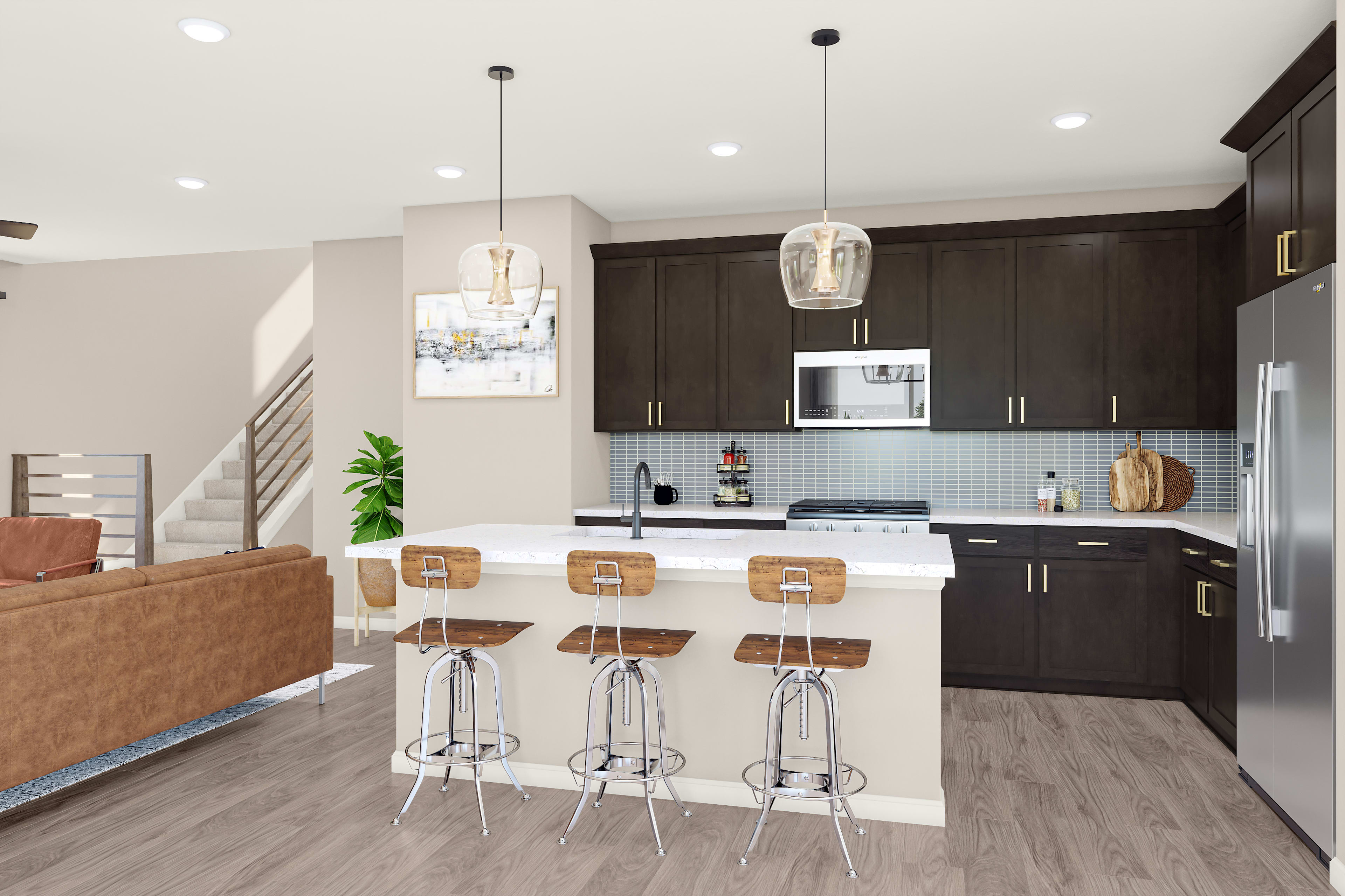 A modern and stylish kitchen with dark cabinets, a white backsplash, and three wooden bar stools at the island counter.