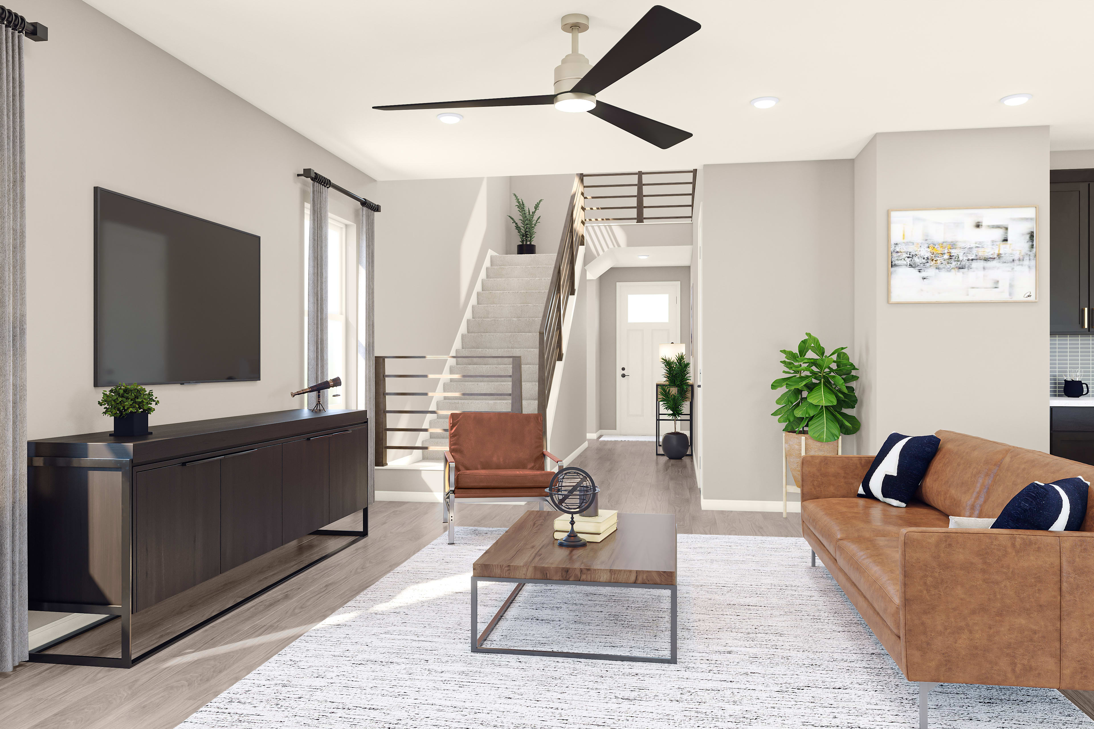 A modern and minimalist living room with a large TV, a sleek coffee table, and a ceiling fan, surrounded by potted plants and natural light.