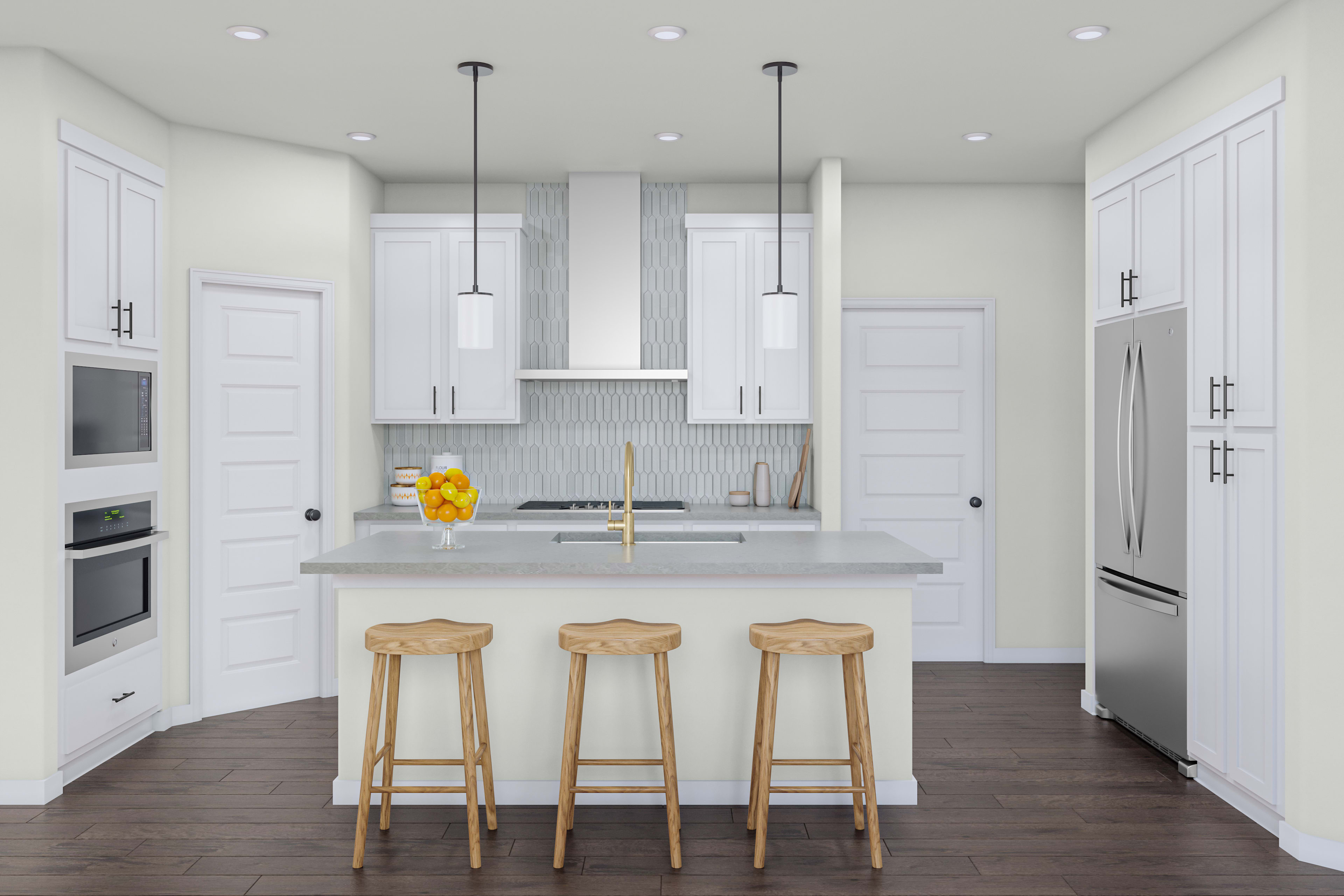 A modern, bright kitchen with white cabinets, a gray countertop, and three wooden bar stools in the foreground.
