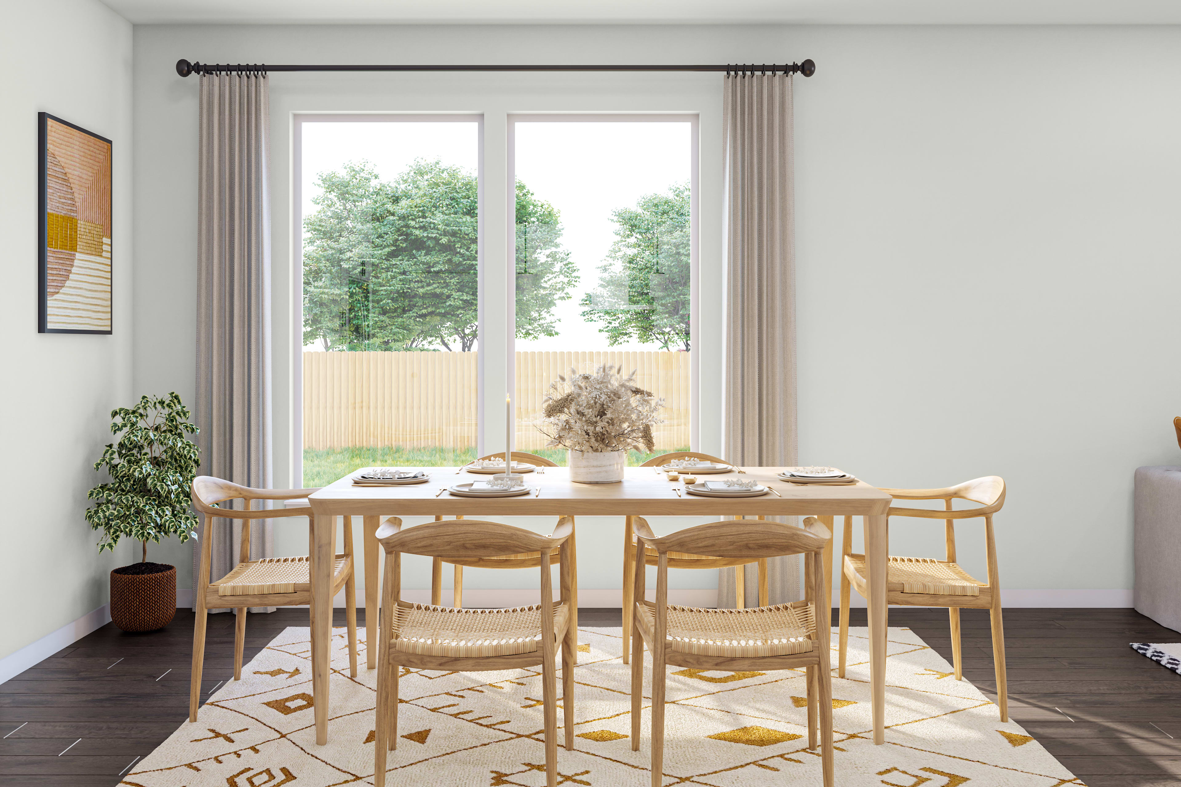 A modern and minimalist dining room with a wooden table and chairs, a patterned rug, and a large window overlooking a lush outdoor area.