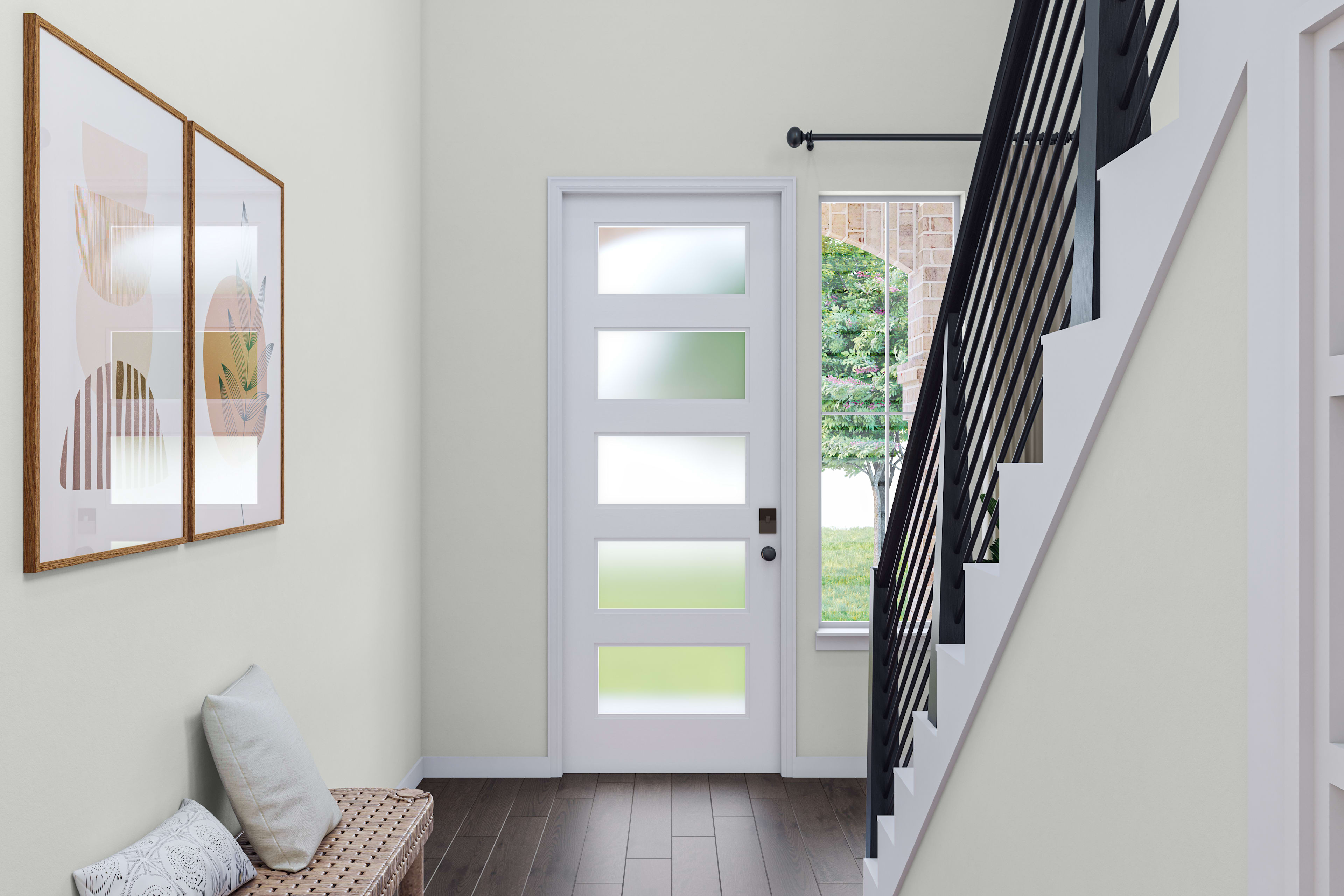 A modern and minimalist entryway with a wooden bench, framed artwork on the wall, and a glass-paneled door leading to the outdoors.