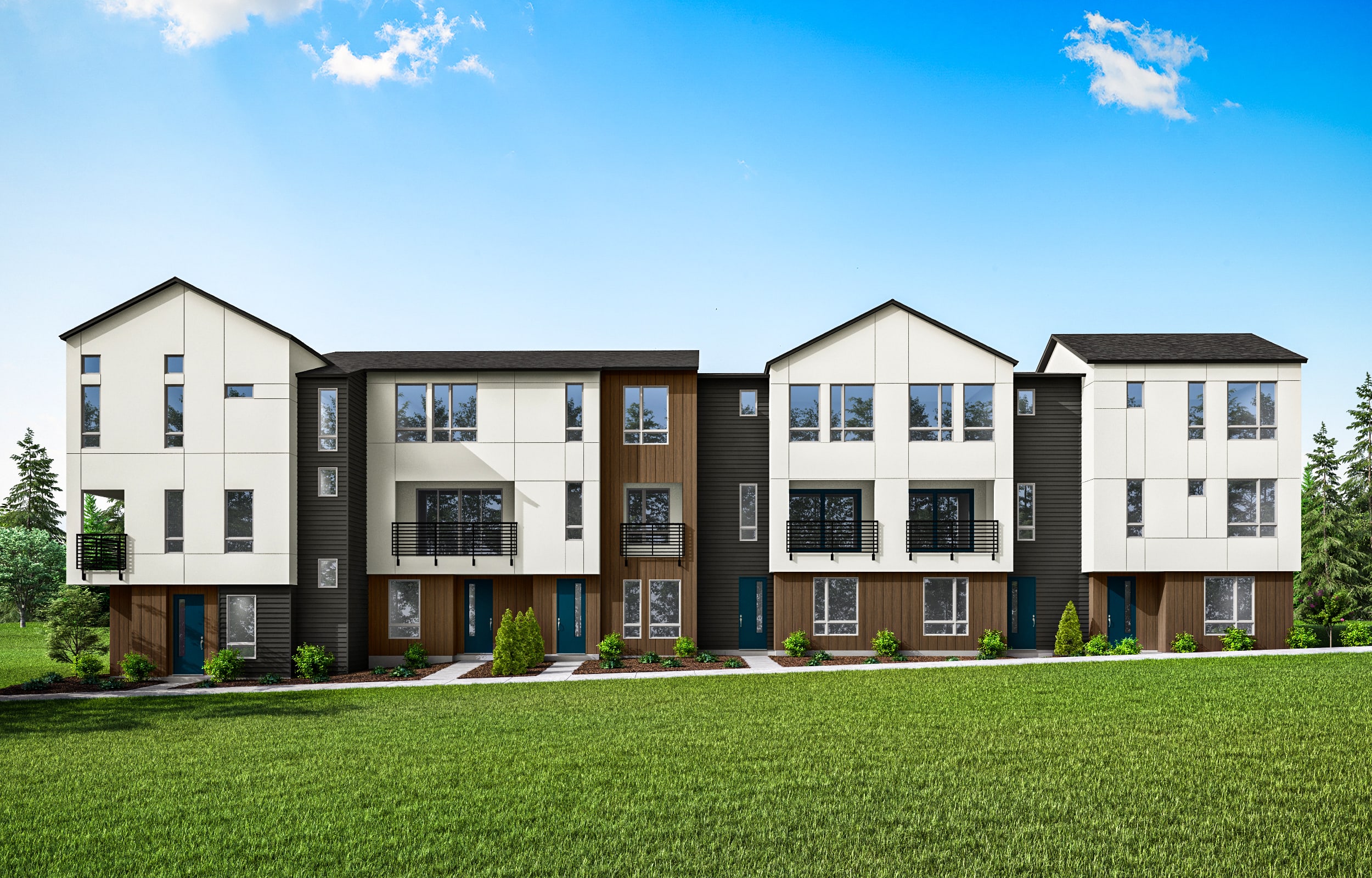 A modern multi-unit residential building with a mix of white and dark siding, surrounded by a well-manicured grassy lawn against a backdrop of a clear blue sky with scattered clouds.