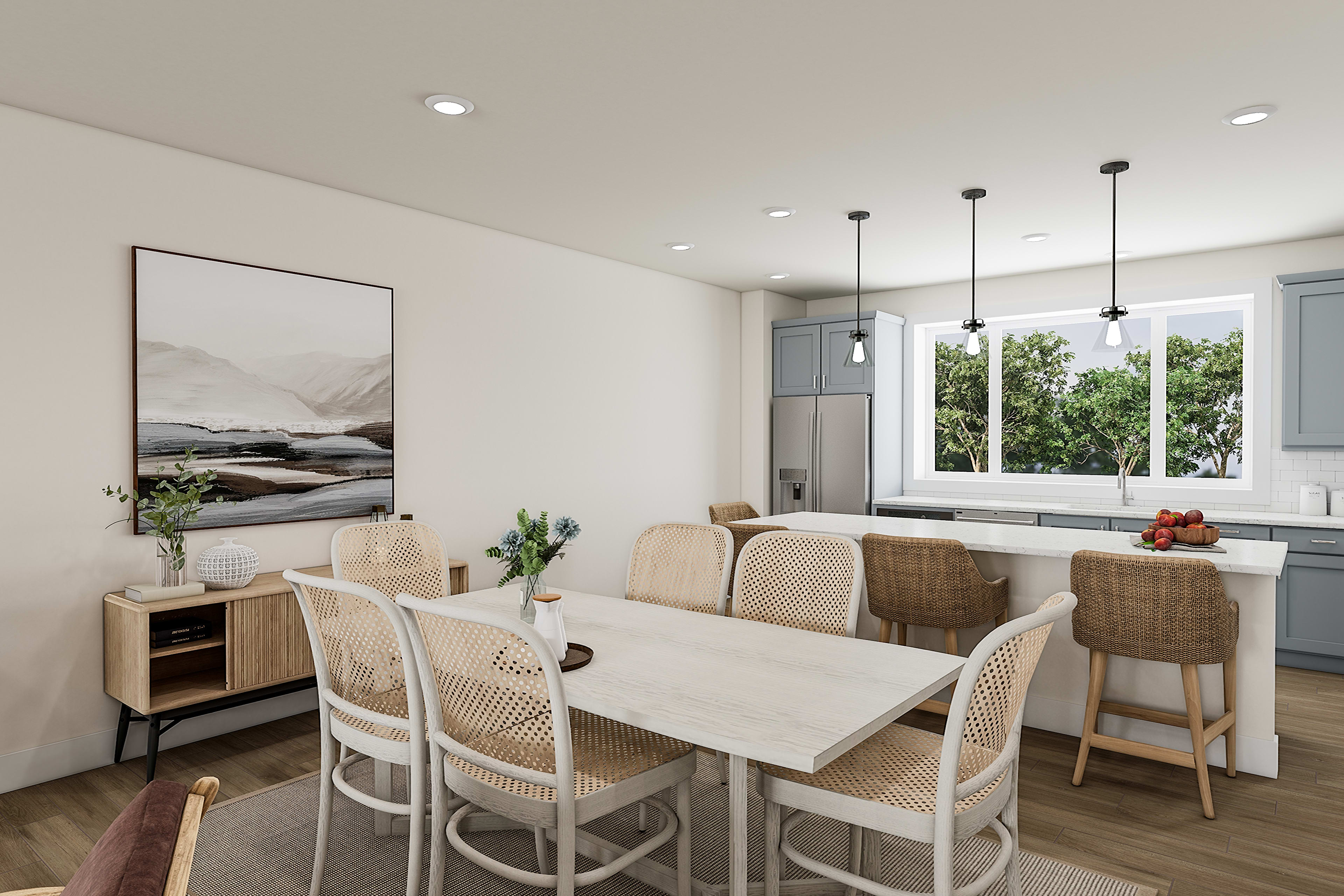 A modern and cozy dining area with a wooden table, wicker chairs, and a large window overlooking a lush outdoor landscape.